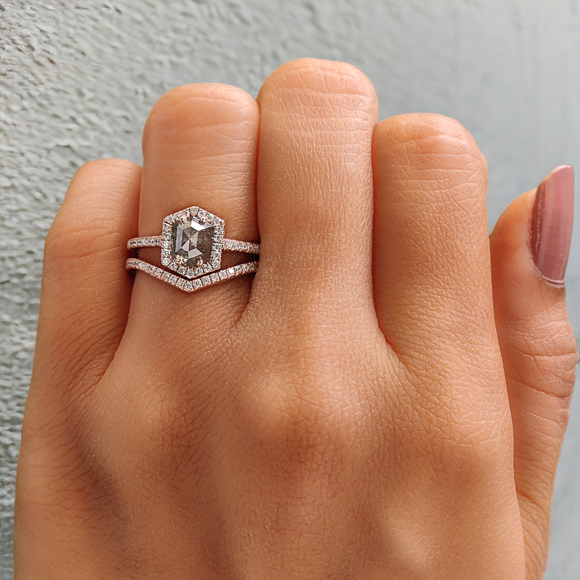 Hexagon Cut Salt And Pepper Diamond Ring 1.00 Ct 6.43 MM Hexagon Cut Diamond Ring 14K Rose Gold Silver Engagement Ring Gift For Her QL2077