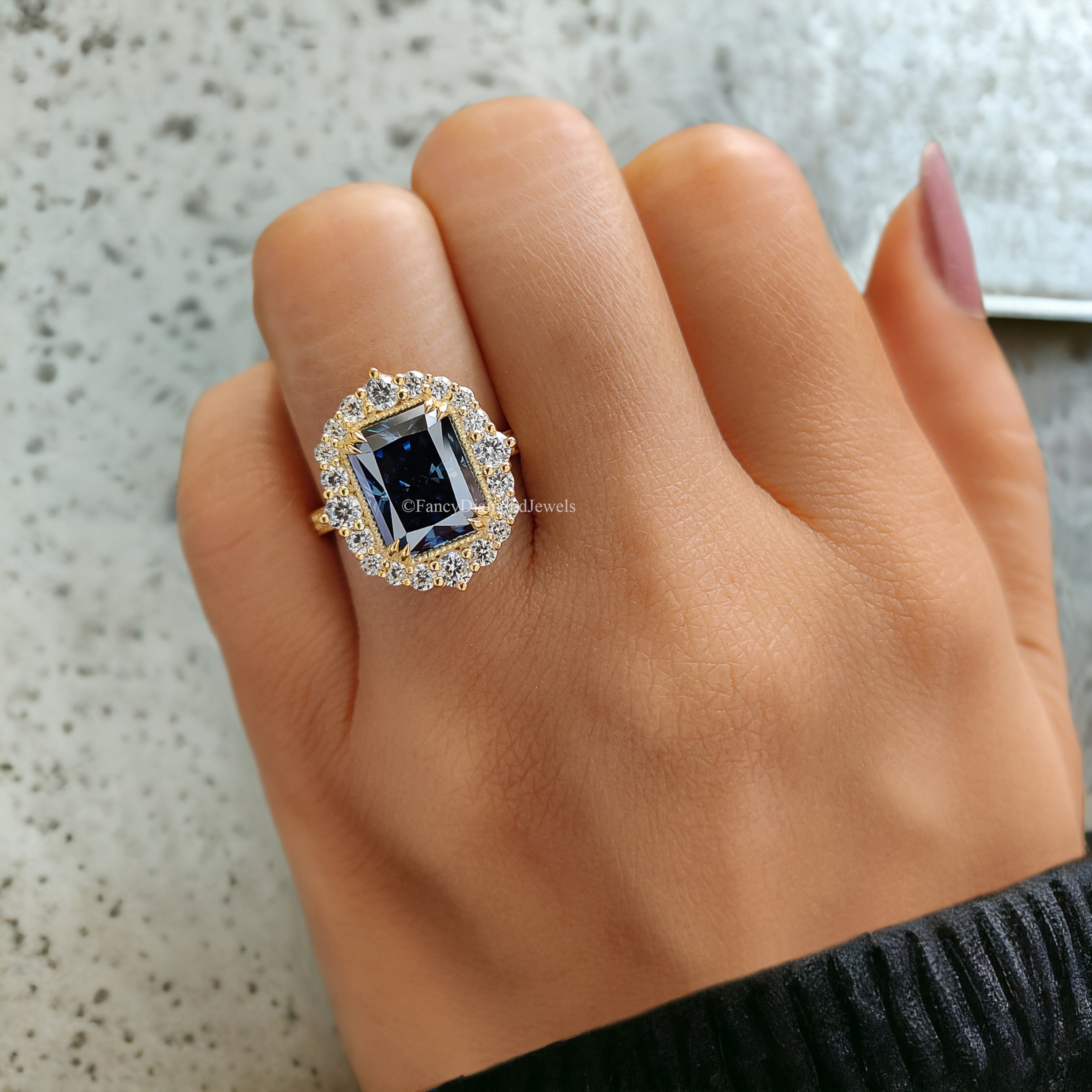 Antique Vintage Ring 3.00 CT Radiant Cut Royal Blue Moissanite Halo Engagement Ring Wedding Ring Double Claw Prongs Anniversary Gift FD224