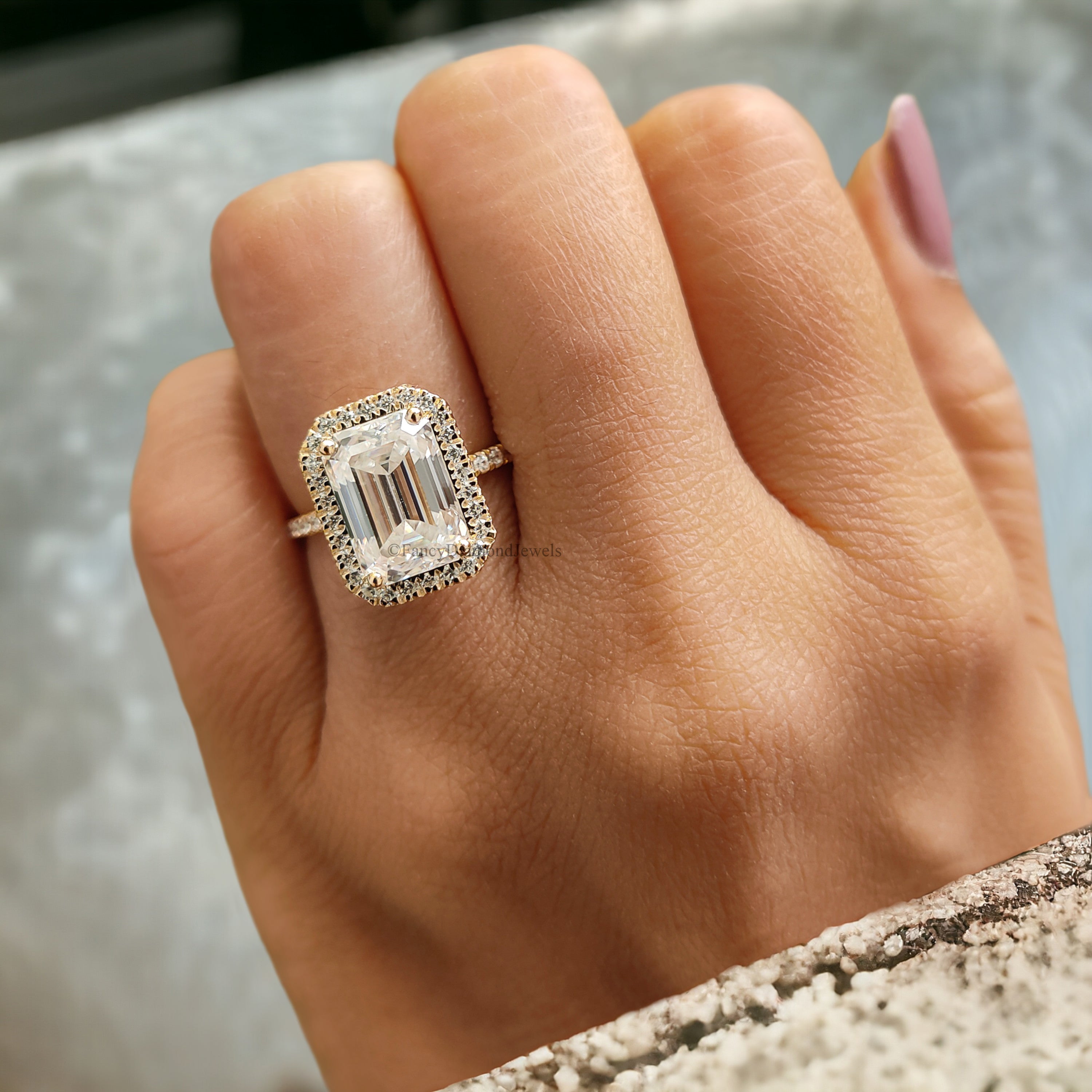 Emerald Cut Colorless Moissanite Engagement Ring 3.00 Ct Solid 14k Yellow Gold Ring Bridal Wedding Ring Halo Set Ring Gift For Her FD212