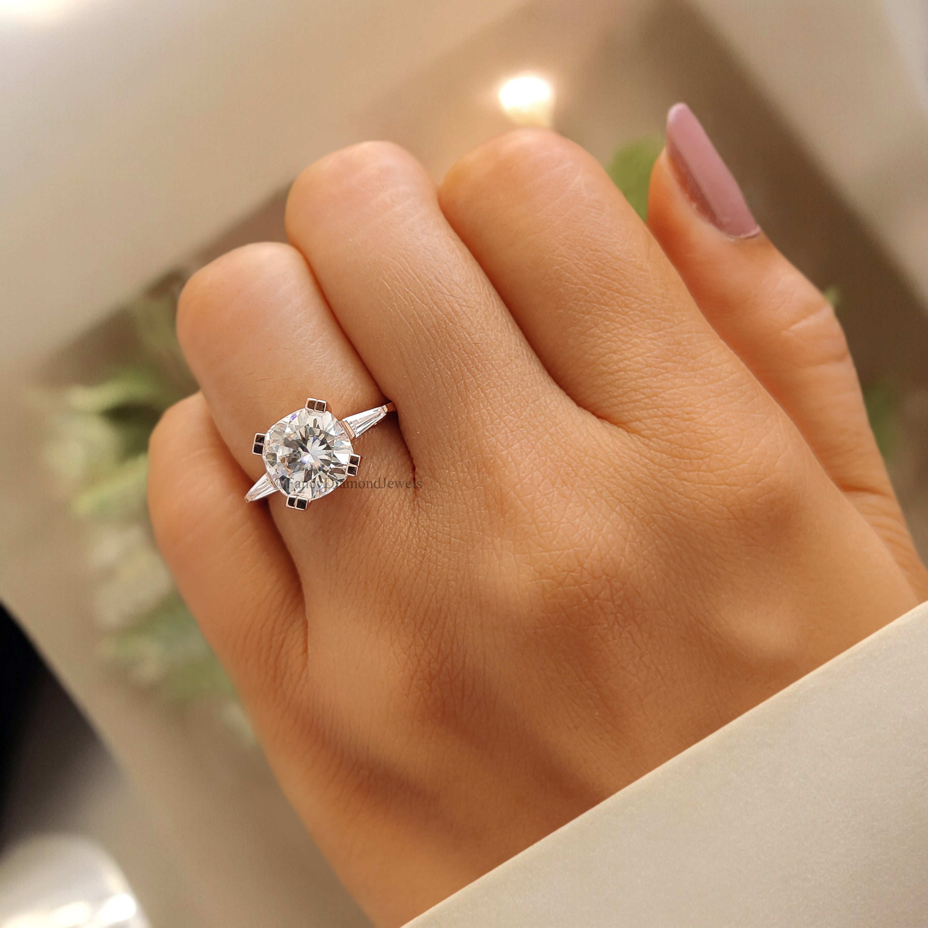 2.30 TW Cushion Cut Colorless Moissanite Ring Side Baguette Three Stone Engagement Ring Wedding Ring Gift For Her Celebrity Style Ring FD202