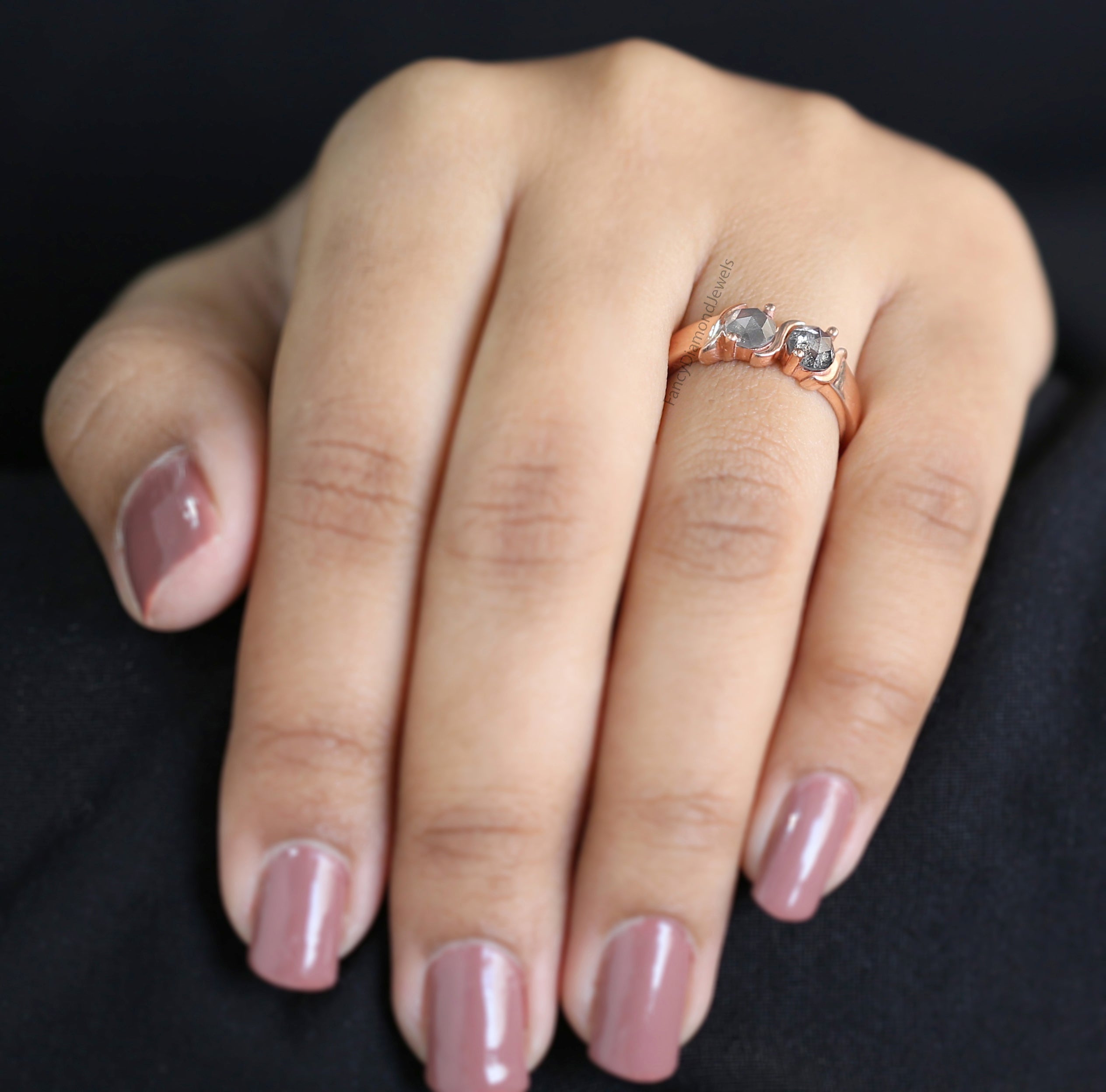 Round Rose Cut Salt And Pepper Diamond Ring, Natural Salt And Pepper Rose Cut Diamond Engagement Ring, Round Rose Cut Shape Ring, KDL1006