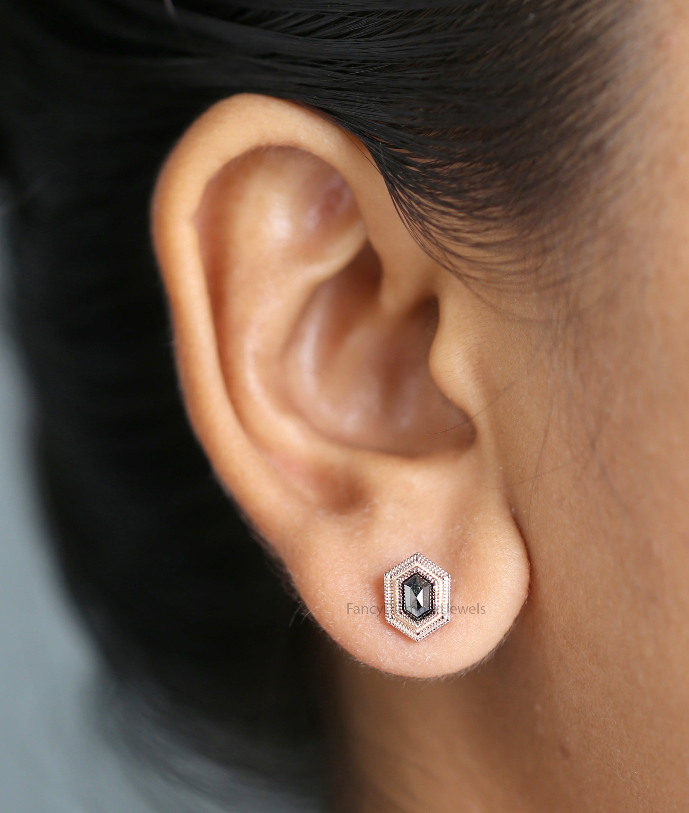 Hexagon Cut Black Diamond Earring 0.67 Ct 5.60 MM Hexagon Diamond Earring 14K Solid Rose Gold Silver Engagement Earring Gift For Her QL2740