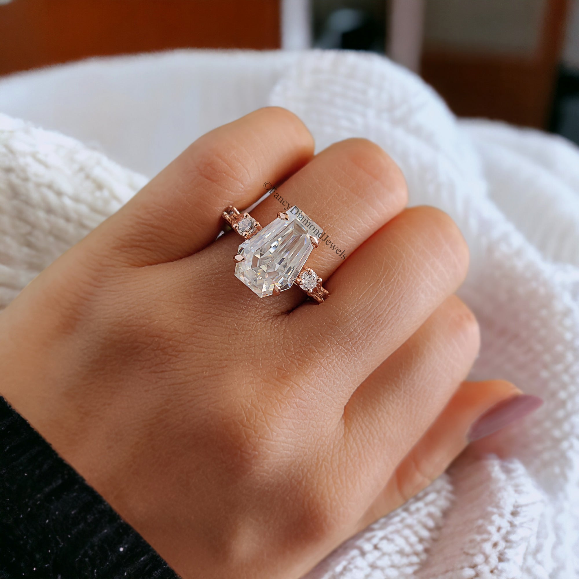 5.5 CT Coffin Shaped Moissanite Engagement Ring Vintage Unique Solid Rose Gold Moissanite Engagement Ring Bridal Promise Gift For Women FD64