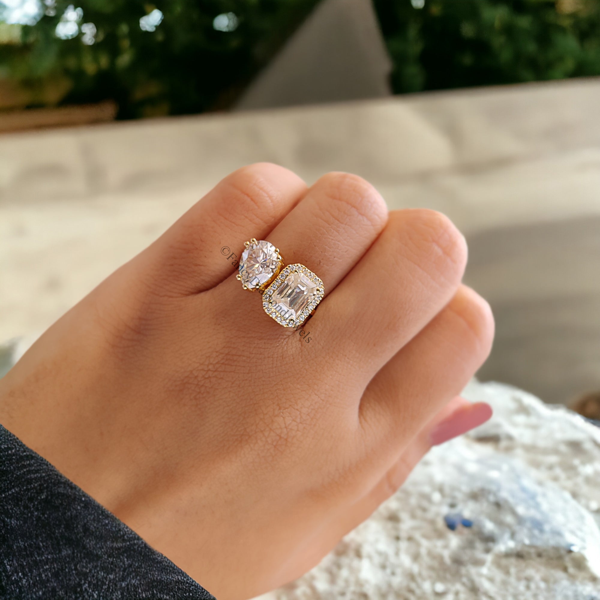 Pear And Emerald Cut Moissanite Engagement Ring 14K Solid Gold Colorless Moissanite Ring Toi Et Moi Ring Double Stone Wedding Ring FD250