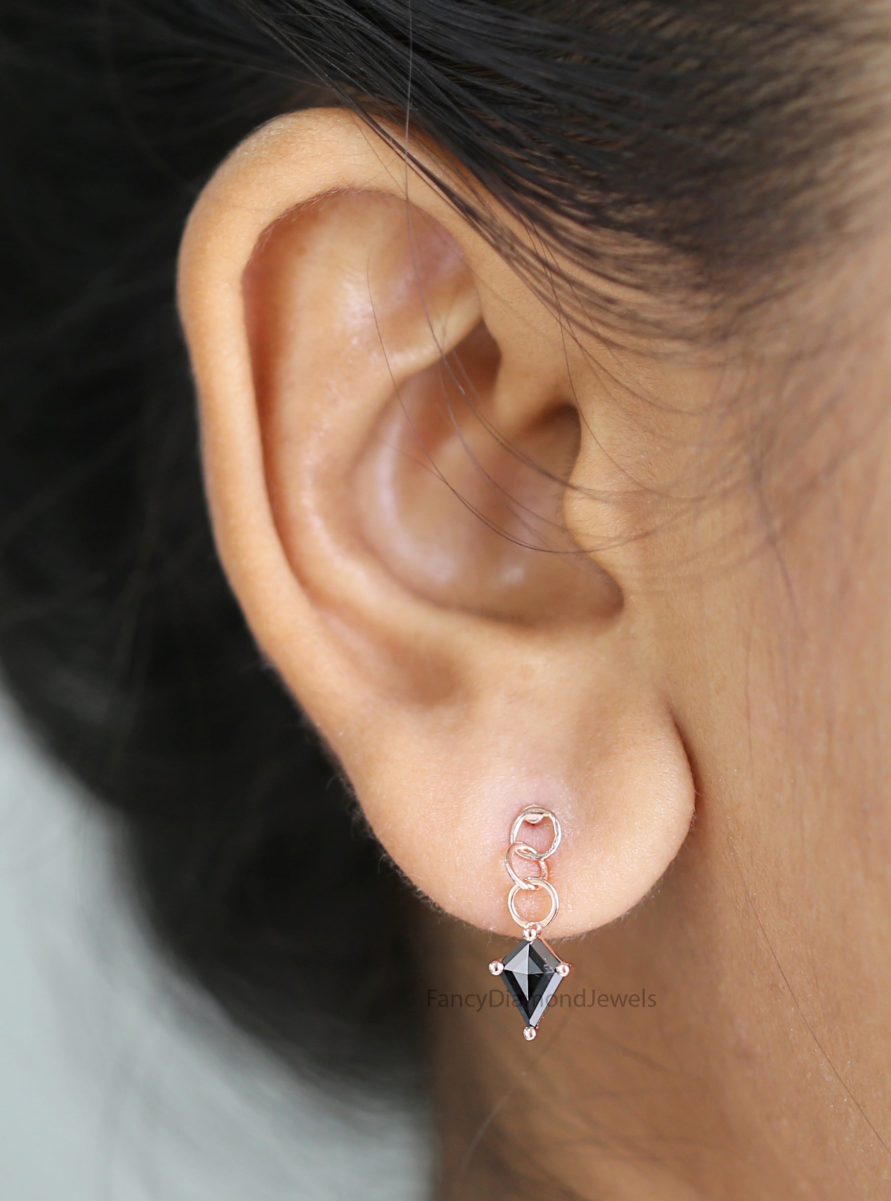 Kite Cut Black Color Diamond Earring 0.77 Ct 7.70 MM Kite Diamond Earring 14K Solid Rose Gold Silver Engagement Earring Gift For Her QN2276
