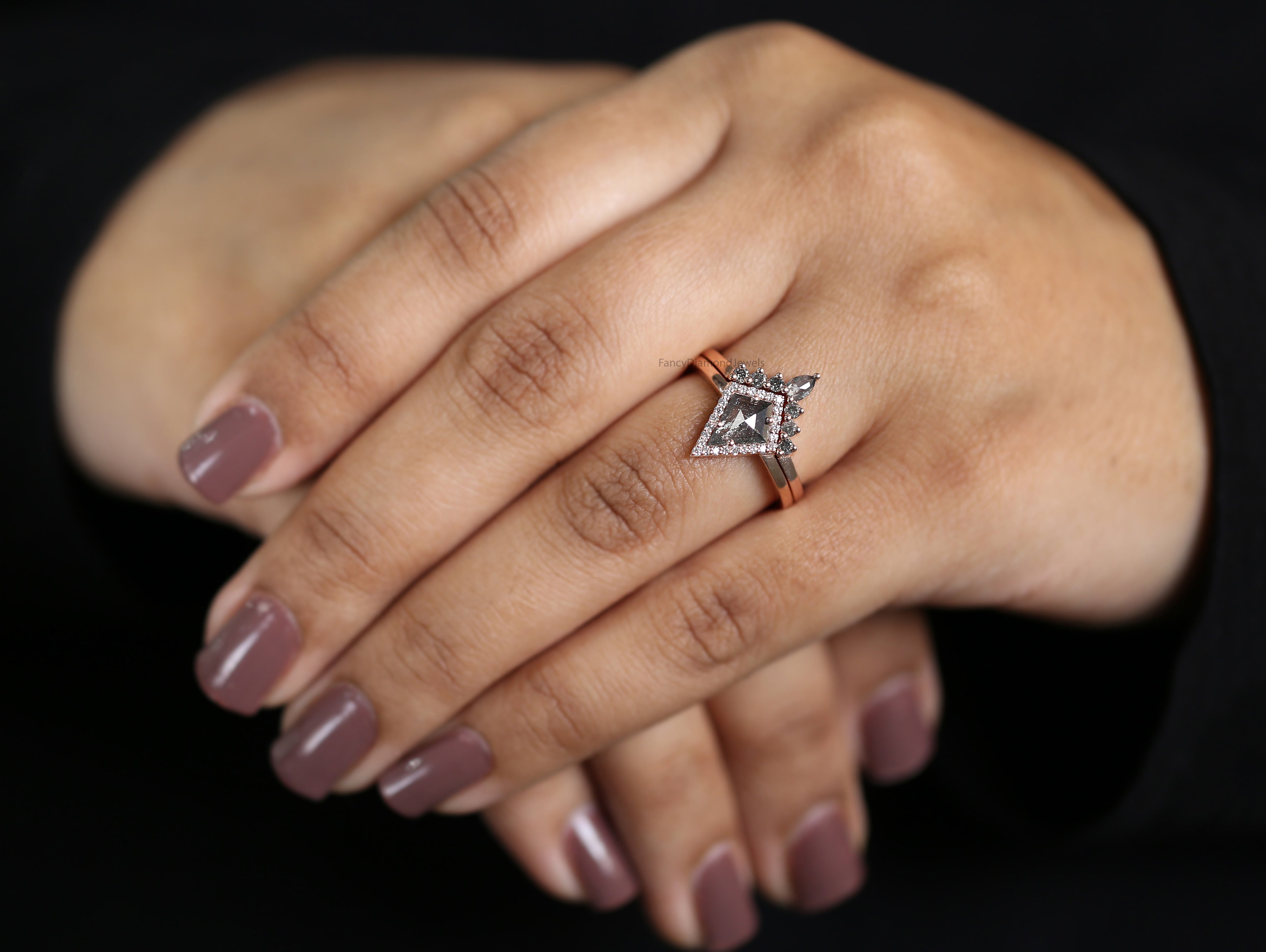 0.69 Ct Natural Kite Salt And Pepper Diamond Ring 8.53 MM Kite Diamond Ring 14K Solid Rose Gold Silver Engagement Ring Halo Ring QK2714