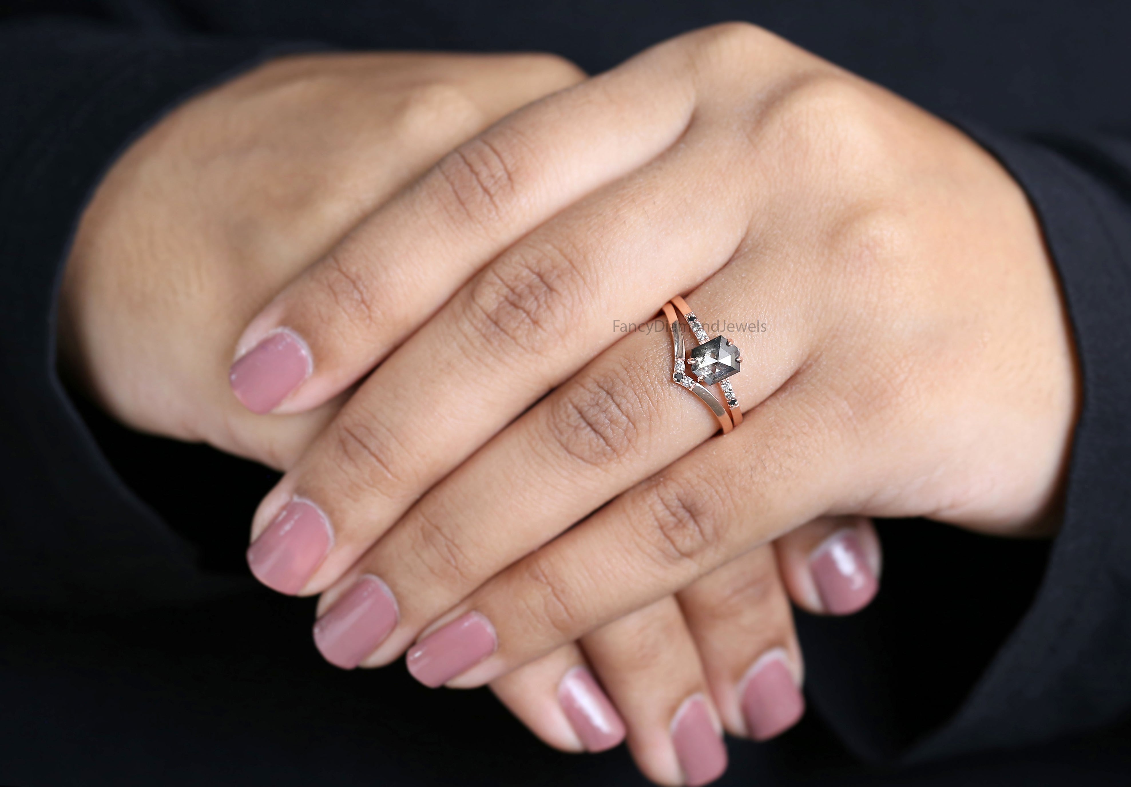 Hexagon Cut Salt And Pepper Diamond Ring 1.21 Ct 6.85 MM Hexagon Cut Diamond Ring 14K Rose Gold Silver Engagement Ring Gift For Her QL1531