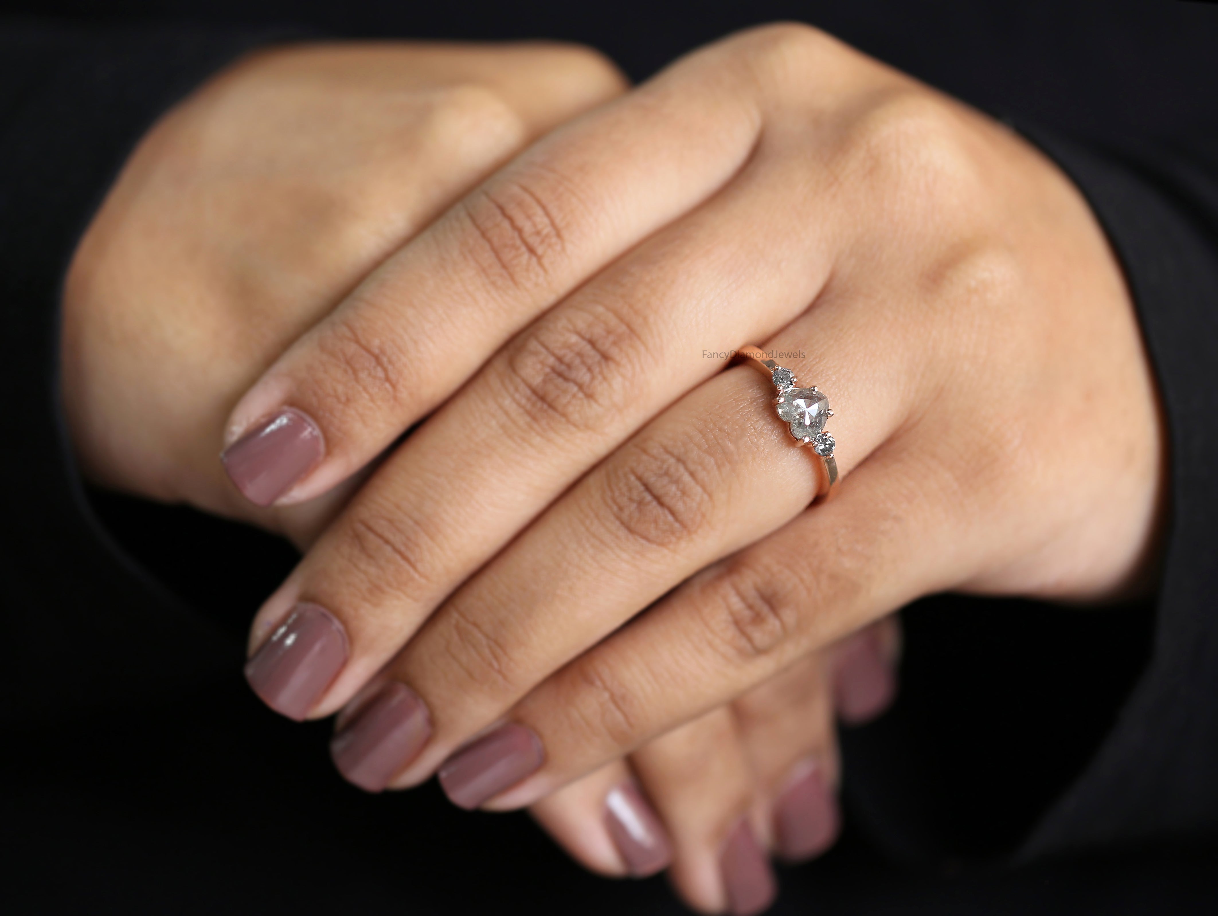 Heart Salt And Pepper Diamond Ring 0.69 Ct 5.60 MM Heart Shape Diamond Ring 14K Solid Rose Gold Silver Engagement Ring Gift For Her QL1624
