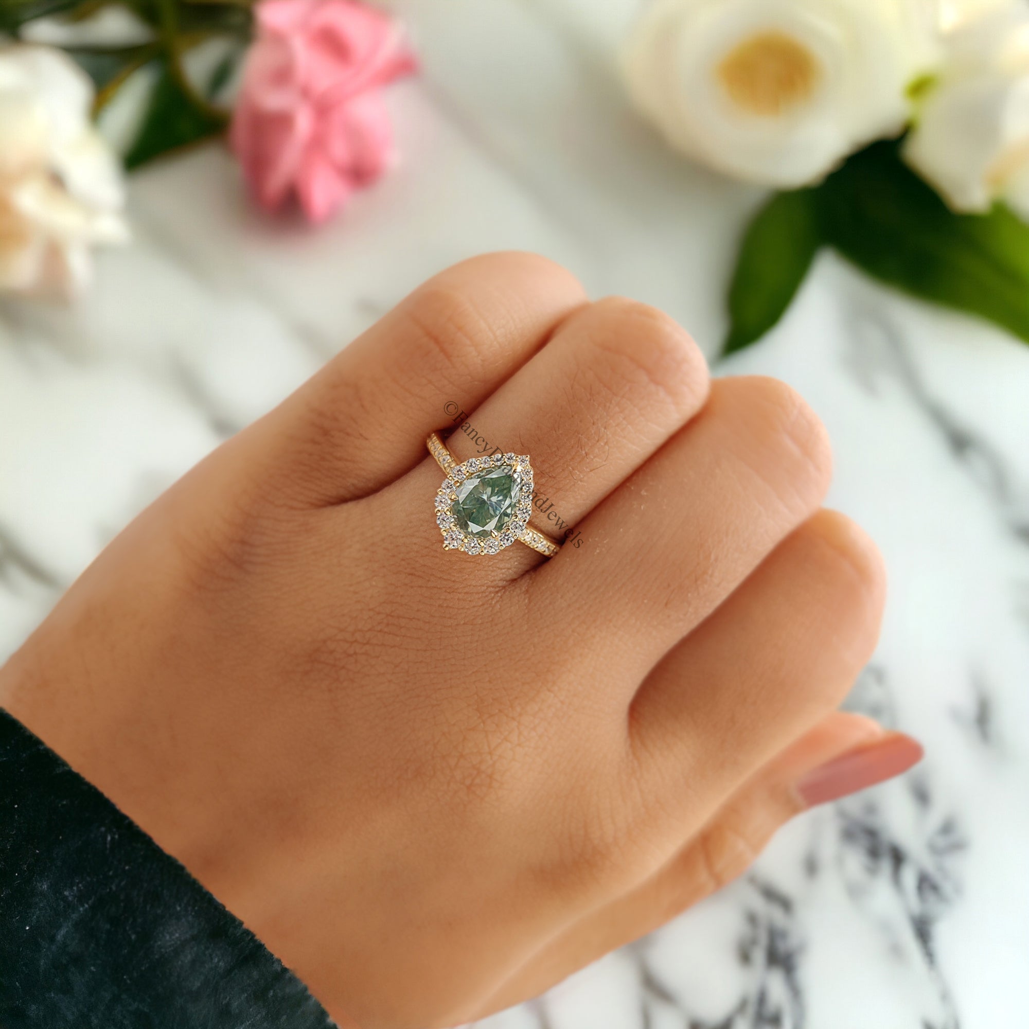 Pear Cut Blue Moissanite Ring Halo Engagement Ring 1.20 CT Pear Shaped Moissanite Ring Proposal Ring For Her Anniversary Gift Ring FD234