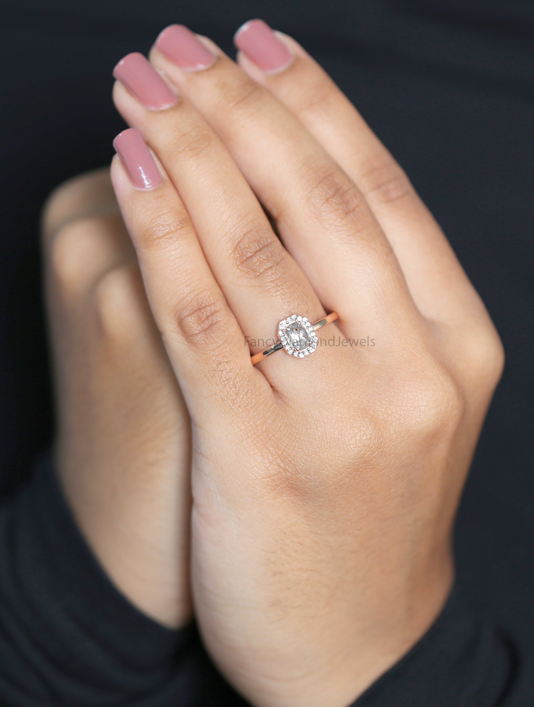 Emerald salt and pepper Diamond Ring, Salt and pepper Emerald Diamond Engagement Ring, Emerald Diamond Ring, Emerald Halo Ring, KD1099