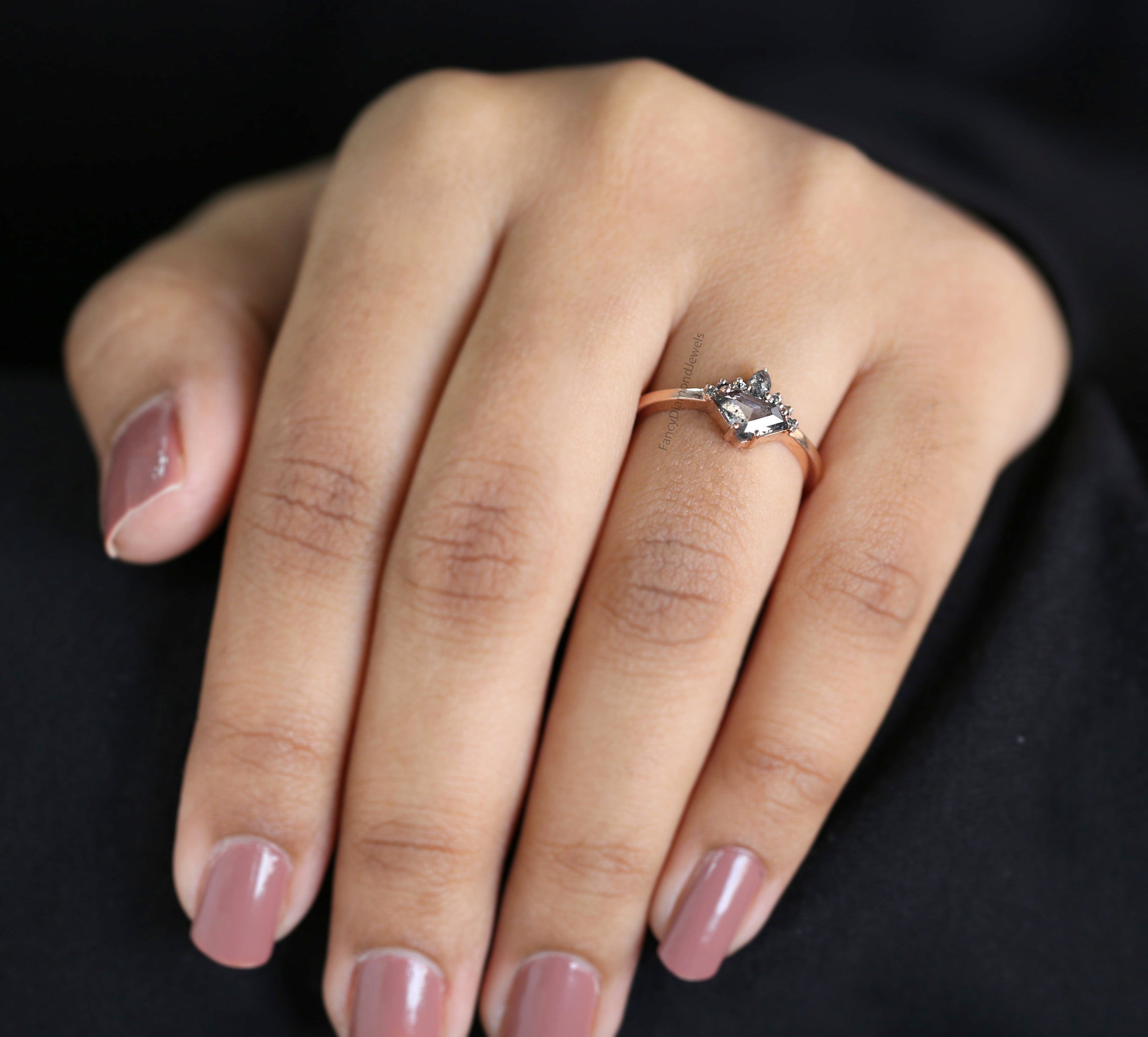 Shield Salt And Pepper Diamond Ring, Salt And Pepper Shield Diamond Engagement Ring, Shield Shape Diamond Ring, Shield Cut Ring, QL9471