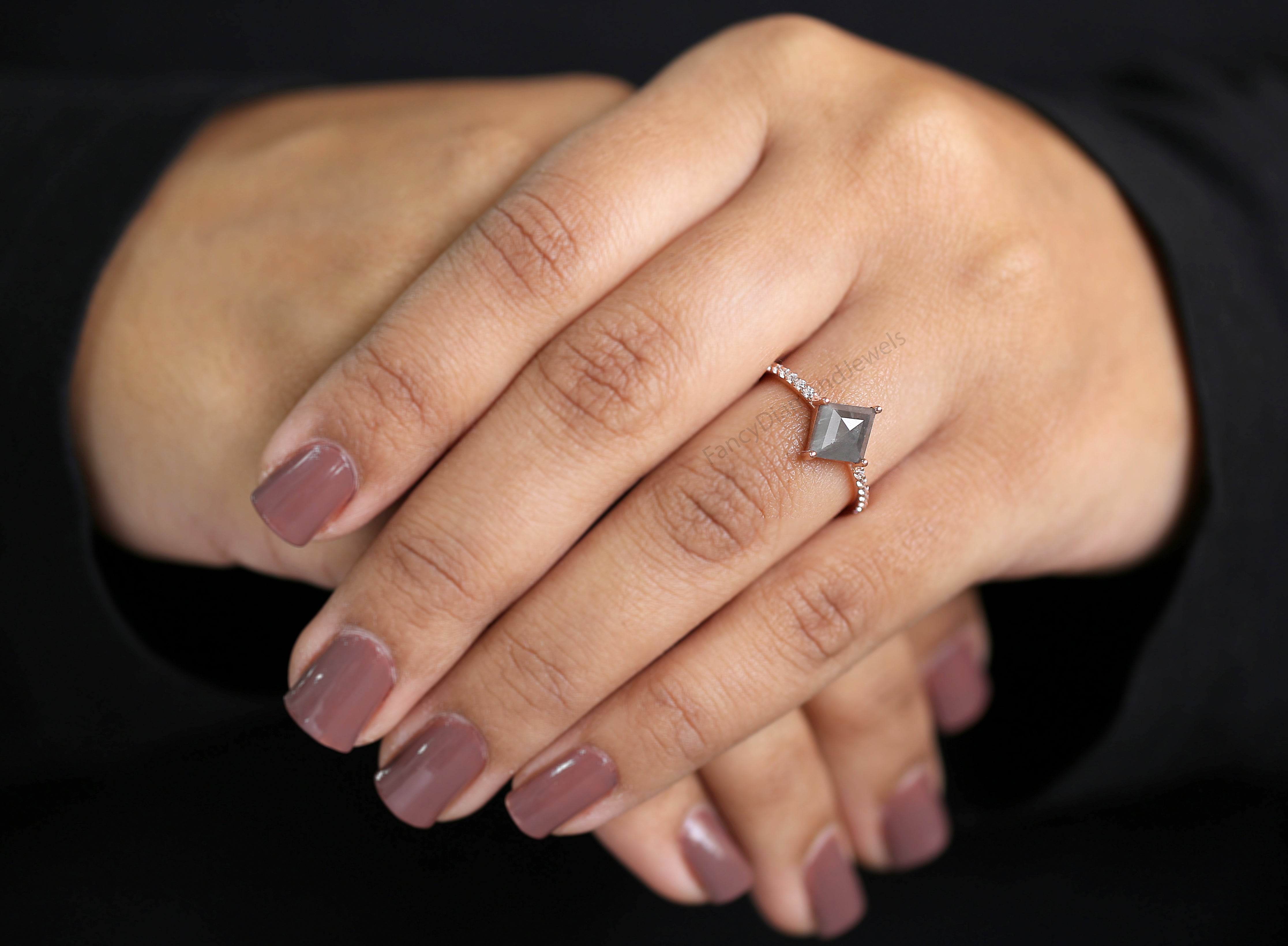 Kite Cut Salt And Pepper Diamond Ring 1.50 Ct 9.60 MM Kite Diamond Ring 14K Solid Rose Gold Silver Kite Engagement Ring Gift For Her QK2049