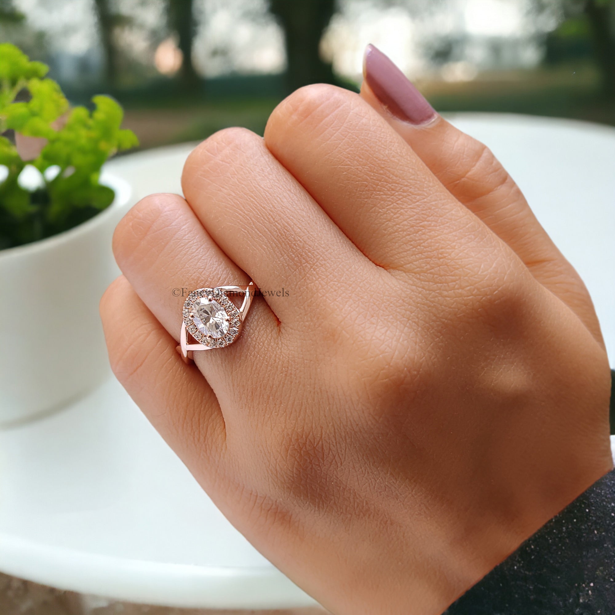 0.70 CT Oval Cut Moissanite Solitaire Ring 14K Rose Gold Engagement Ring Halo Setting Statement Ring Gift For Her Anniversary Ring FD96