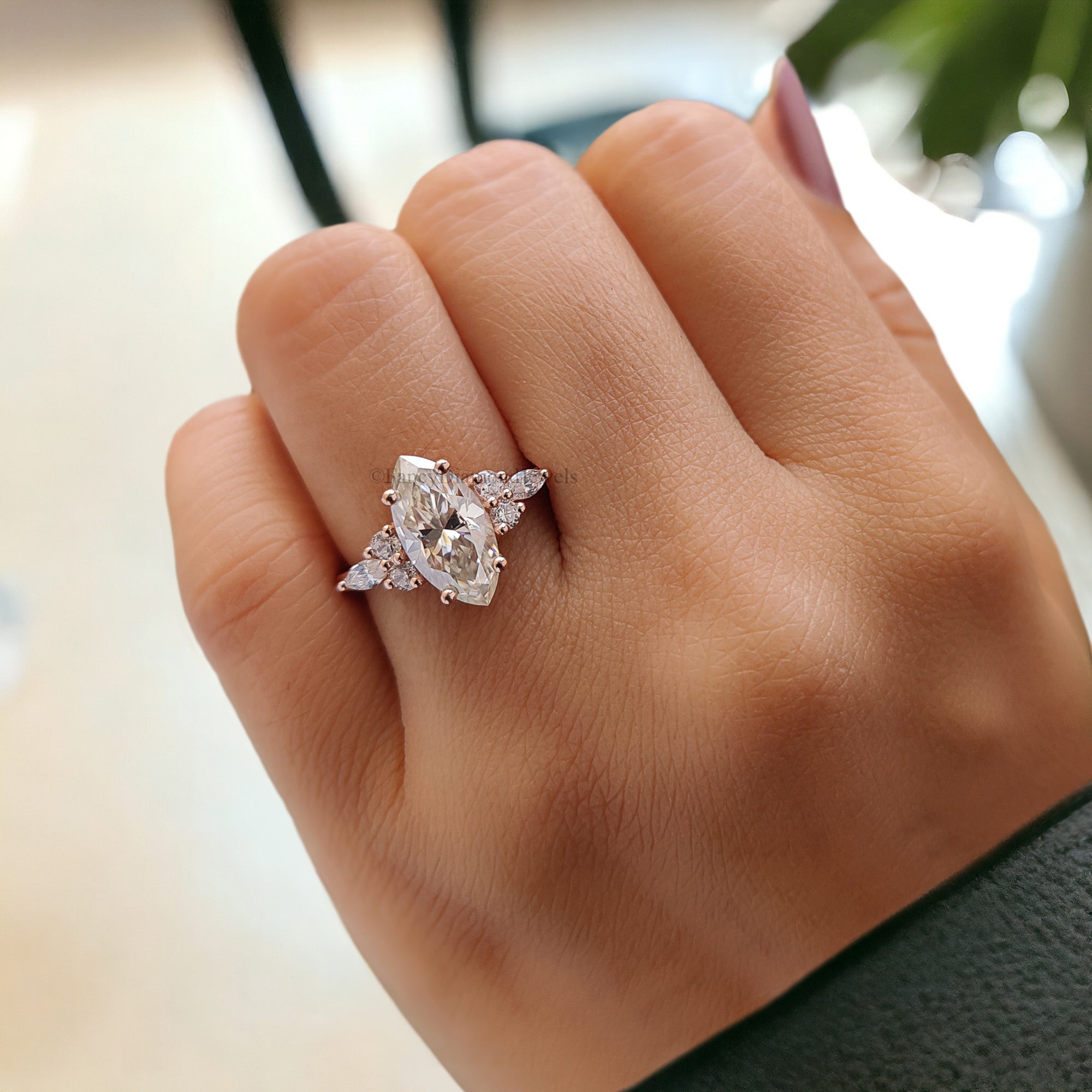 Marquise cut Moissanite engagement ring vintage Rose gold Unique Cluster engagement ring women diamond wedding Bridal Anniversary gift FD115