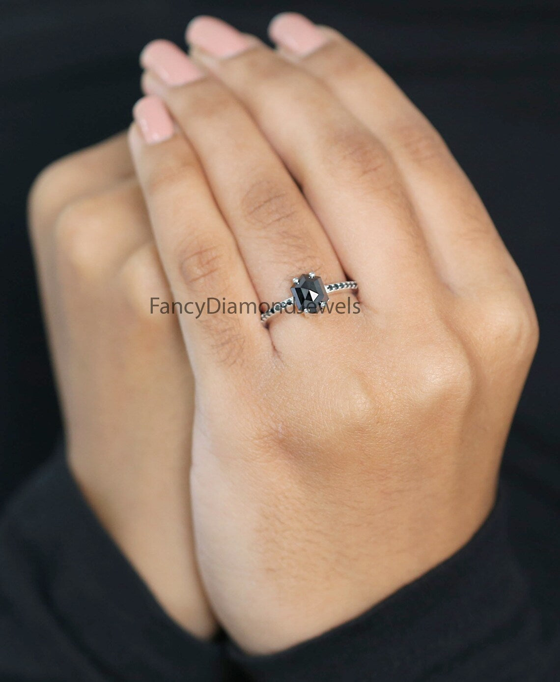 Hexagon Shape Black Color Diamond Ring 1.93 Ct 8.25 MM Hexagon Diamond Ring 14K Solid White Gold Silver Engagement Ring Gift For Her QN528