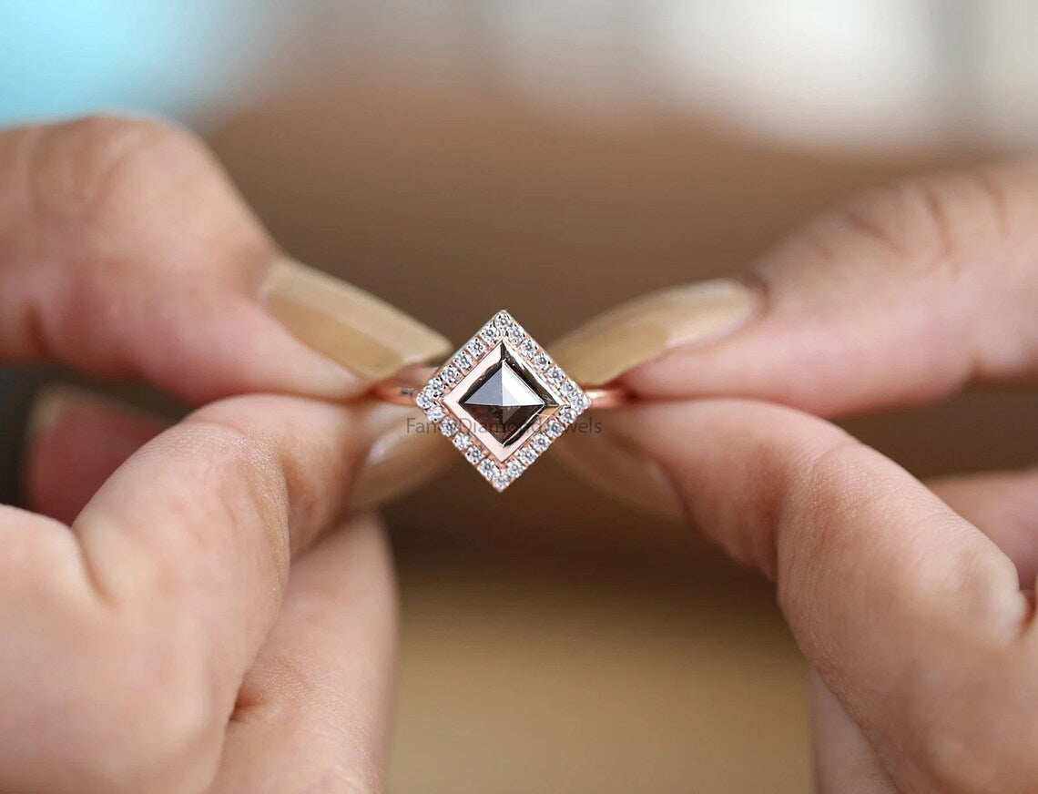 Kite Cut Salt And Pepper Diamond Ring 0.94 Ct 7.50 MM Kite Diamond Ring 14K Solid Rose Gold Silver Kite Engagement Ring Gift For Her QN489