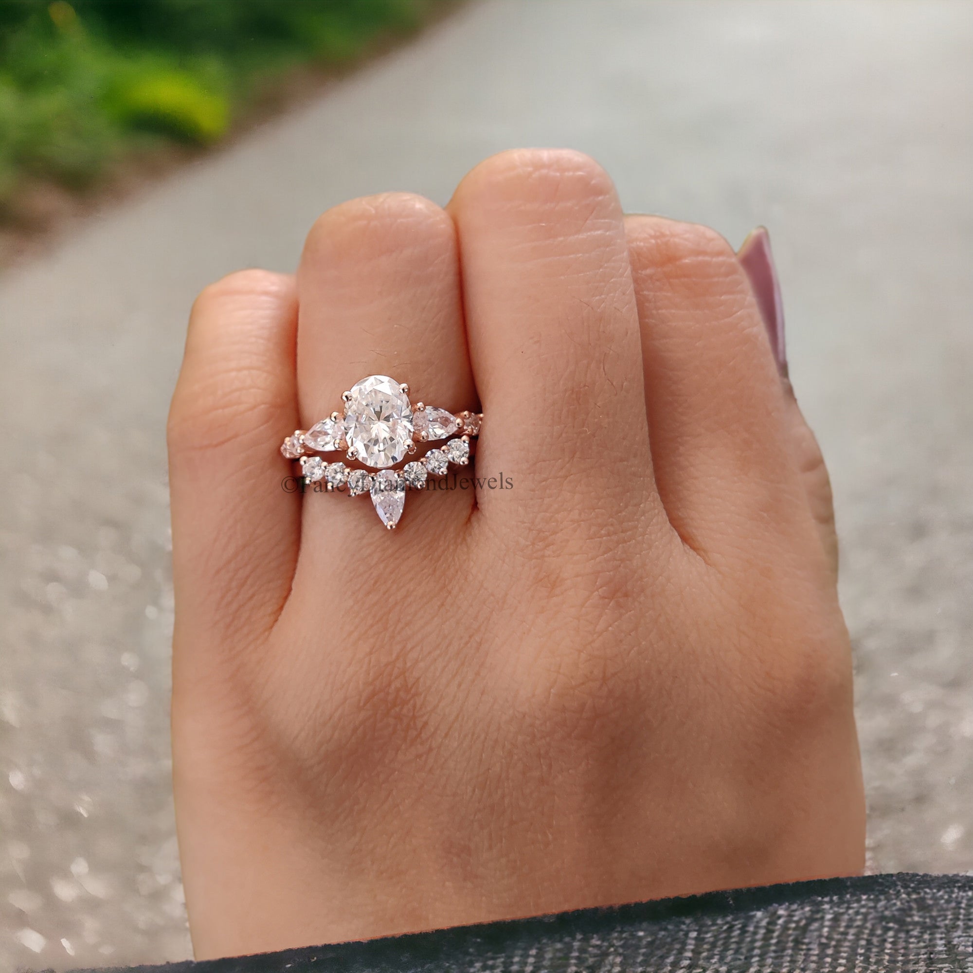 Vintage Moissanite Engagement Ring Set 1.3 CT Moissanite ring Oval ring Rose Gold Crown ring Unique Stacking ring Diamond Cluster ring FD44