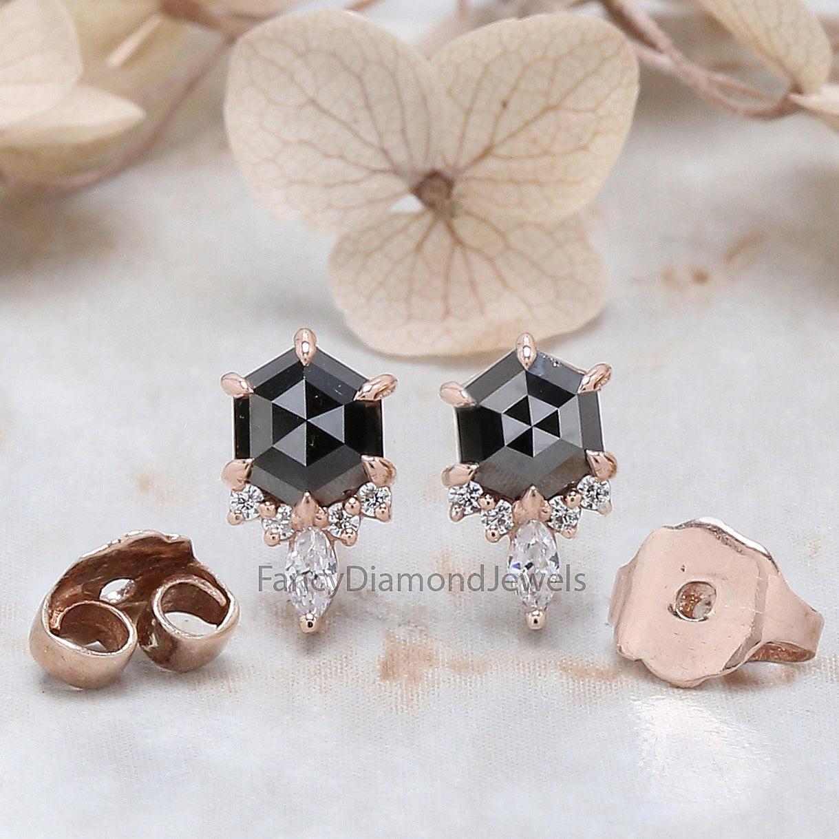 Hexagon Cut Black Color Diamond Earring 0.58 Ct 5.03 MM Hexagon Shape Diamond Earring 14K Solid Rose Gold Silver Engagement Earring QK2629