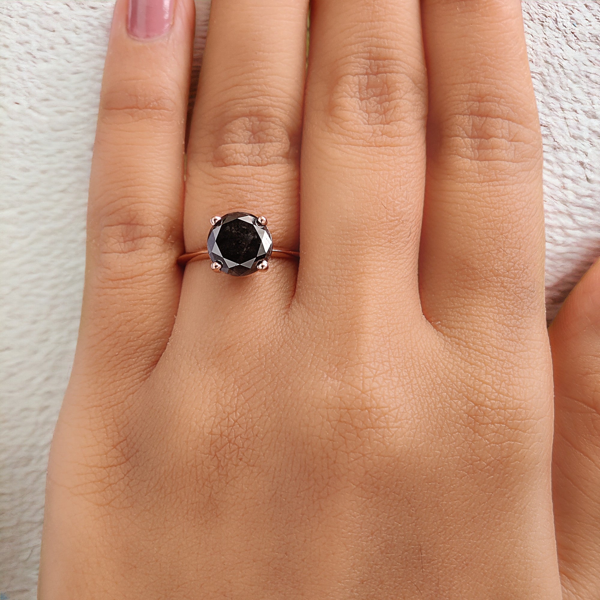 Round Cut Black Color Diamond Ring 2.59 Ct 8.30 MM Round Shape Diamond Ring 14K Solid Rose Gold Silver Engagement Ring Gift For Her QL7395