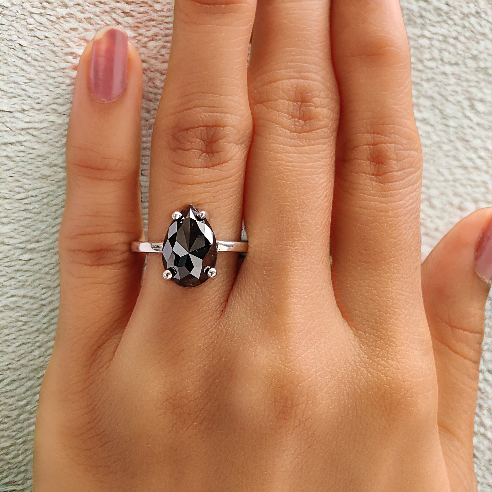 Pear Shape Black Color Diamond Ring 4.27 Ct 12.52 MM Pear Cut Diamond Ring 14K Solid White Gold Silver Engagement Ring Gift For Her QL2155