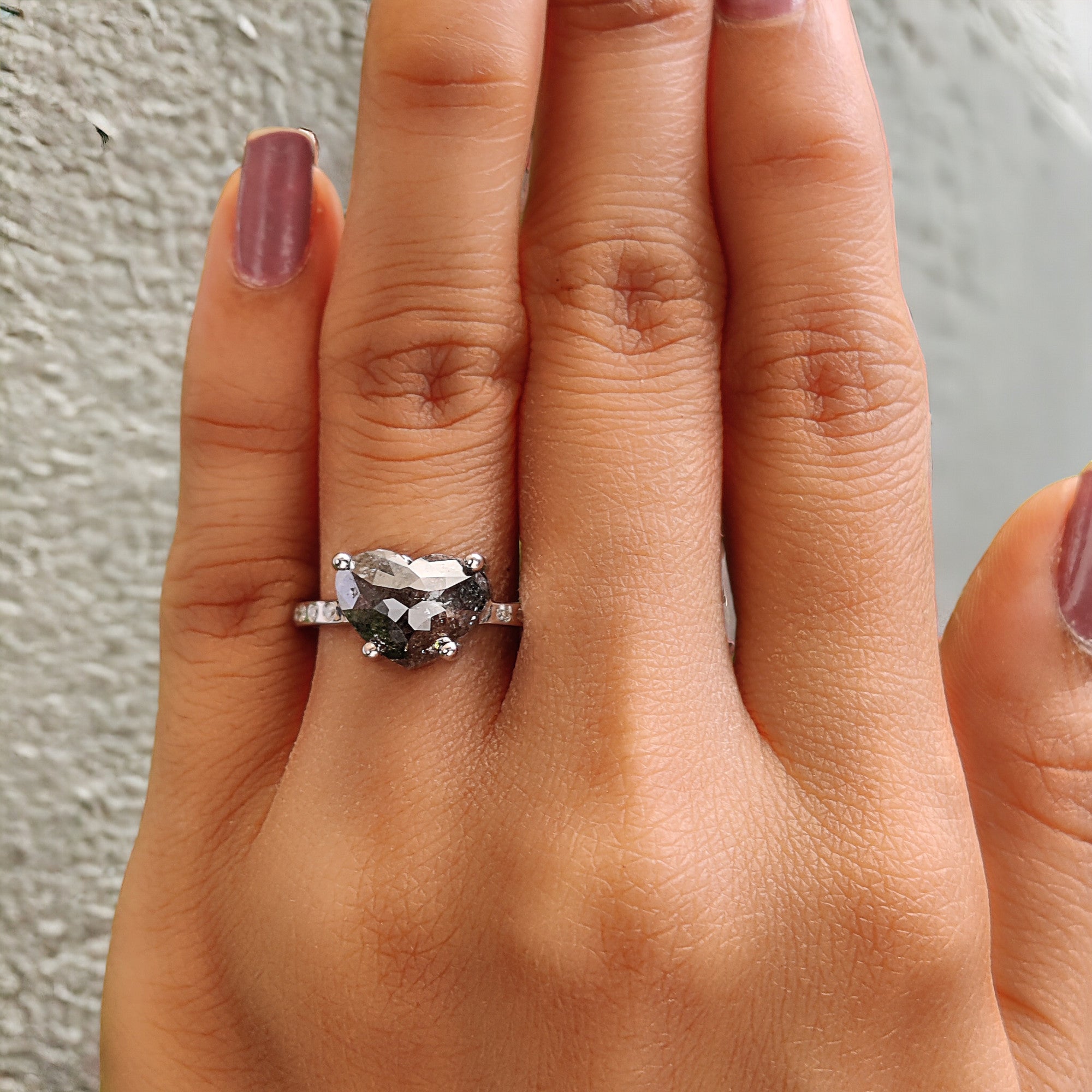 Heart Salt And Pepper Diamond Ring 3.14 Ct 8.20 MM Heart Shape Diamond Ring 14K Solid White Gold Silver Engagement Ring Gift For Her QL5666