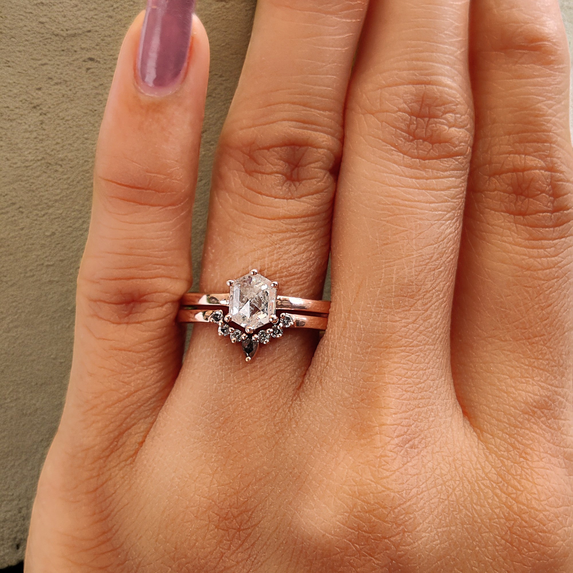 Hexagon Cut Salt And Pepper Diamond Ring 1.08 Ct 6.67 MM Hexagon Cut Diamond Ring 14K Rose Gold Silver Engagement Ring Gift For Her QL2576