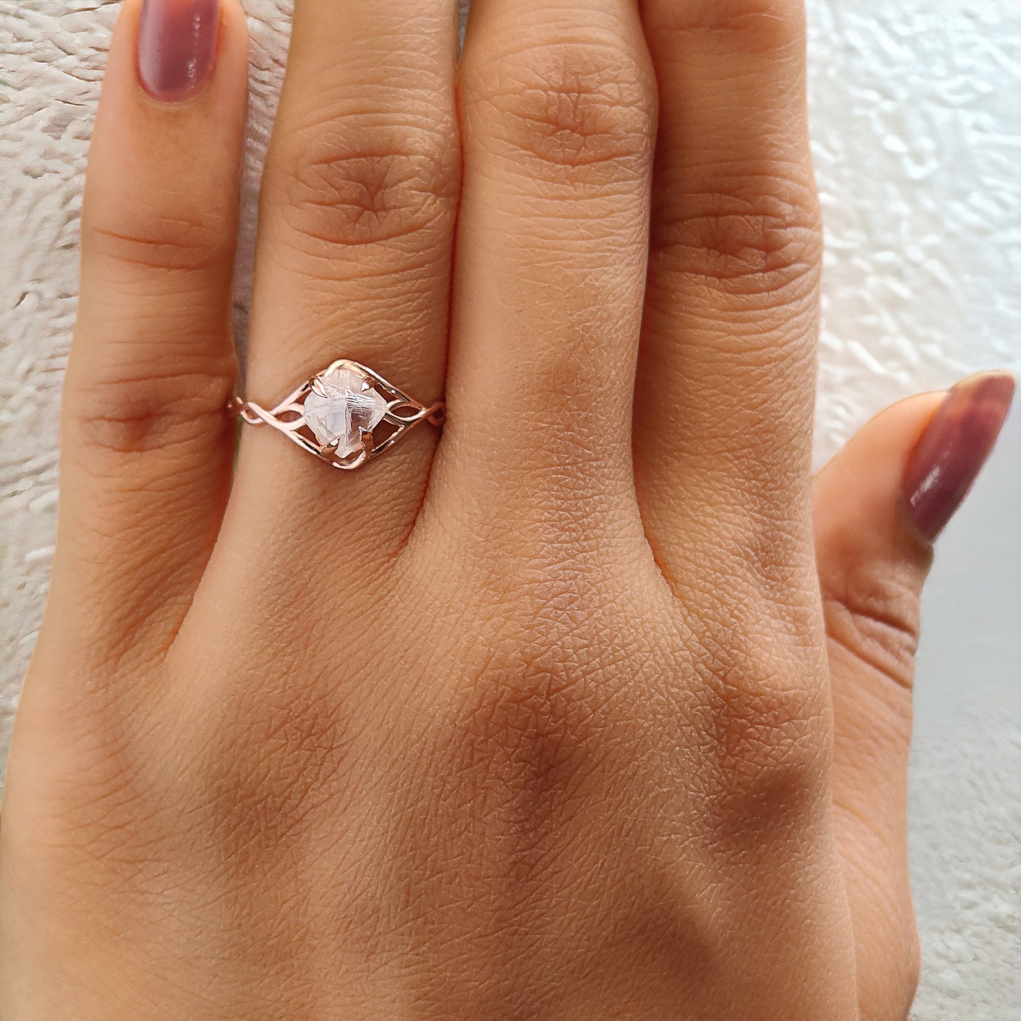 Rough White-F Color Diamond Ring 1.23 Ct 6.48 MM Crystal Rough Diamond Ring 14K Solid Rose Gold Silver Engagement Ring Gift For Her KDL2486