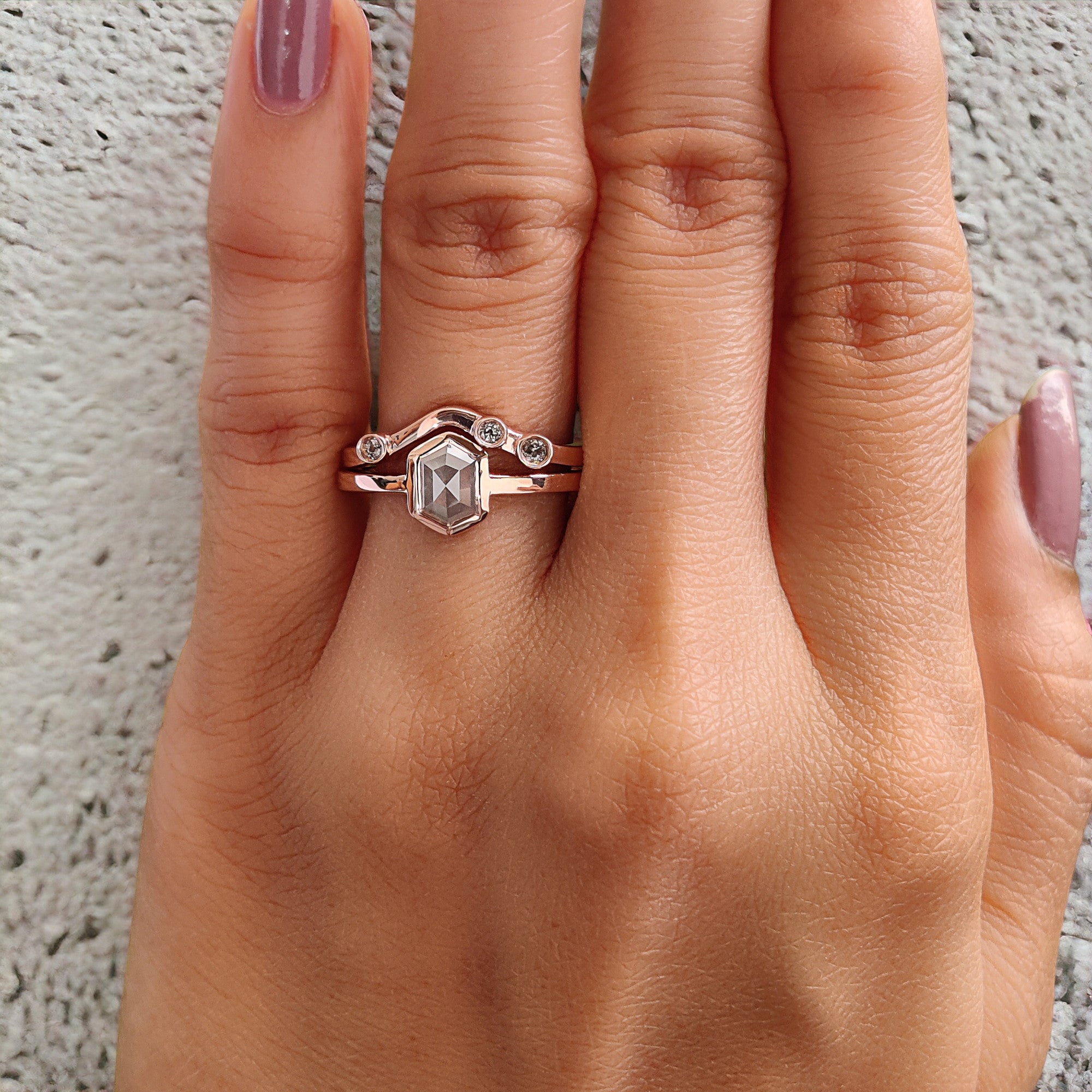 Hexagon Cut Salt And Pepper Diamond Ring 0.76 Ct 6.50 MM Hexagon Cut Diamond Ring 14K Rose Gold Silver Engagement Ring Gift For Her QL1121