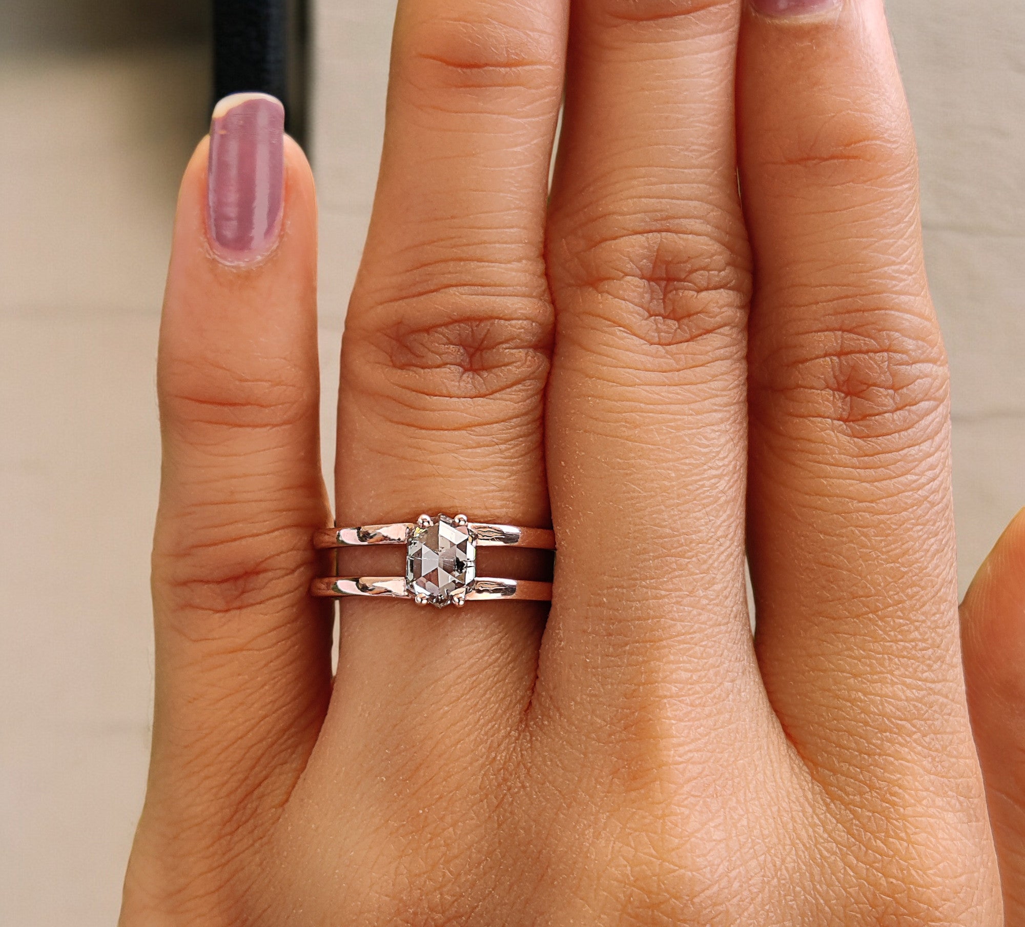 Hexagon Cut Salt And Pepper Diamond Ring 1.03 Ct 6.70 MM Hexagon Diamond Ring 14K Rose Gold Silver Engagement Ring Gift For Her QL2682
