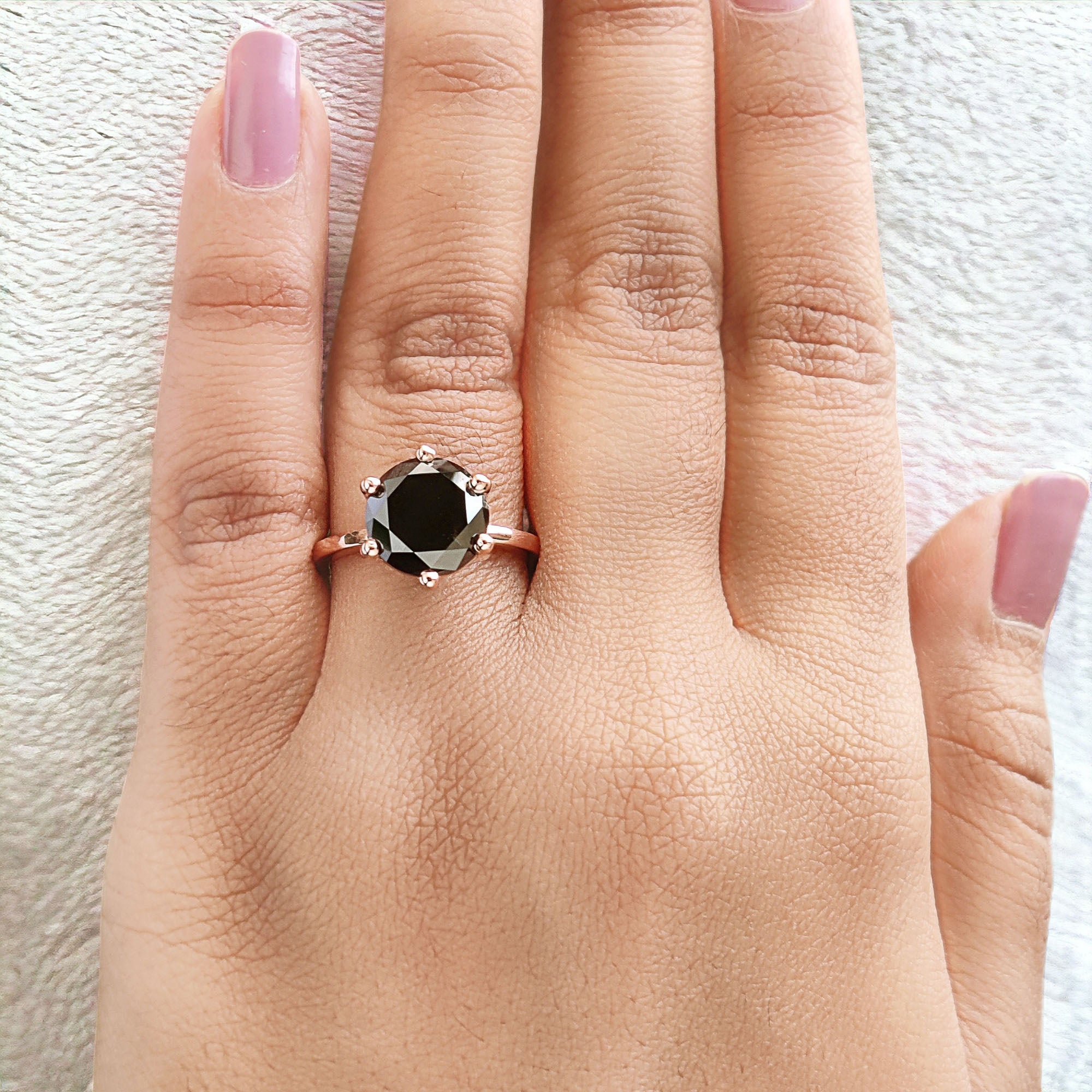 Round Shape Black Color Diamond Ring 4.23 Ct 9.67 MM Round Cut Diamond Ring 14K Solid Rose Gold Silver Engagement Ring Gift For Her QL9505