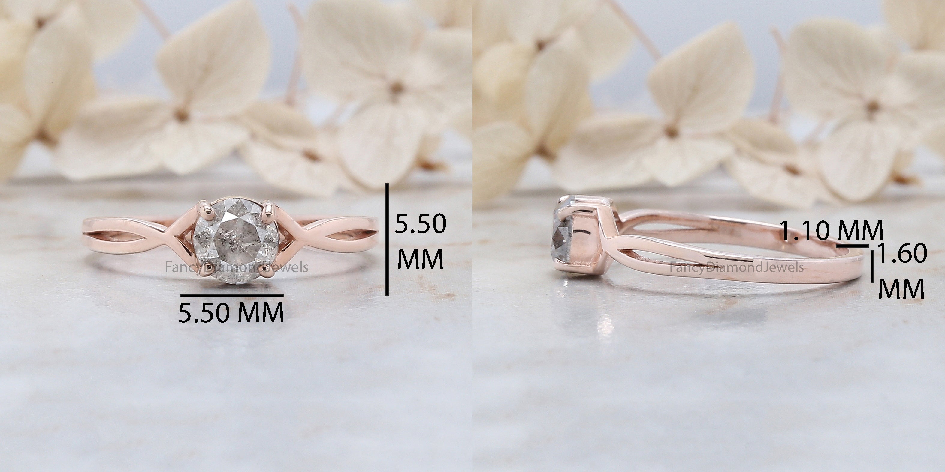 Round Cut Salt And Pepper Diamond Ring 0.66 Ct 5.30 MM Round Diamond Ring 14K Solid Rose Gold Silver Engagement Ring Gift For Her QN1078
