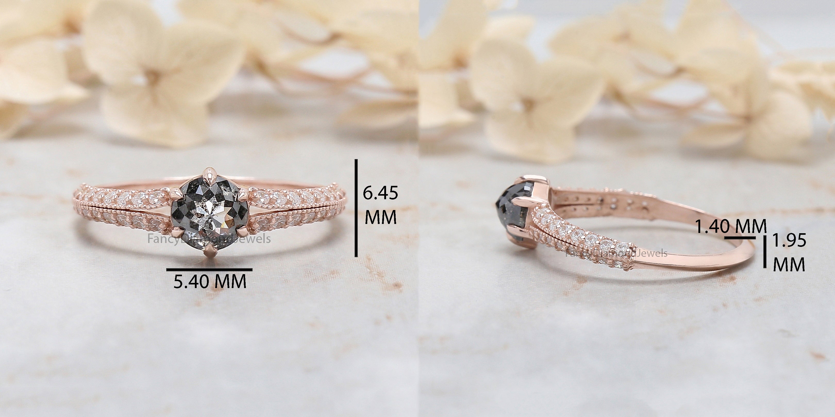 Round Rose Cut Salt And Pepper Diamond Ring 0.83 Ct 5.30 MM Round Diamond Ring 14K Rose Gold Silver Engagement Ring Gift For Her QN9672