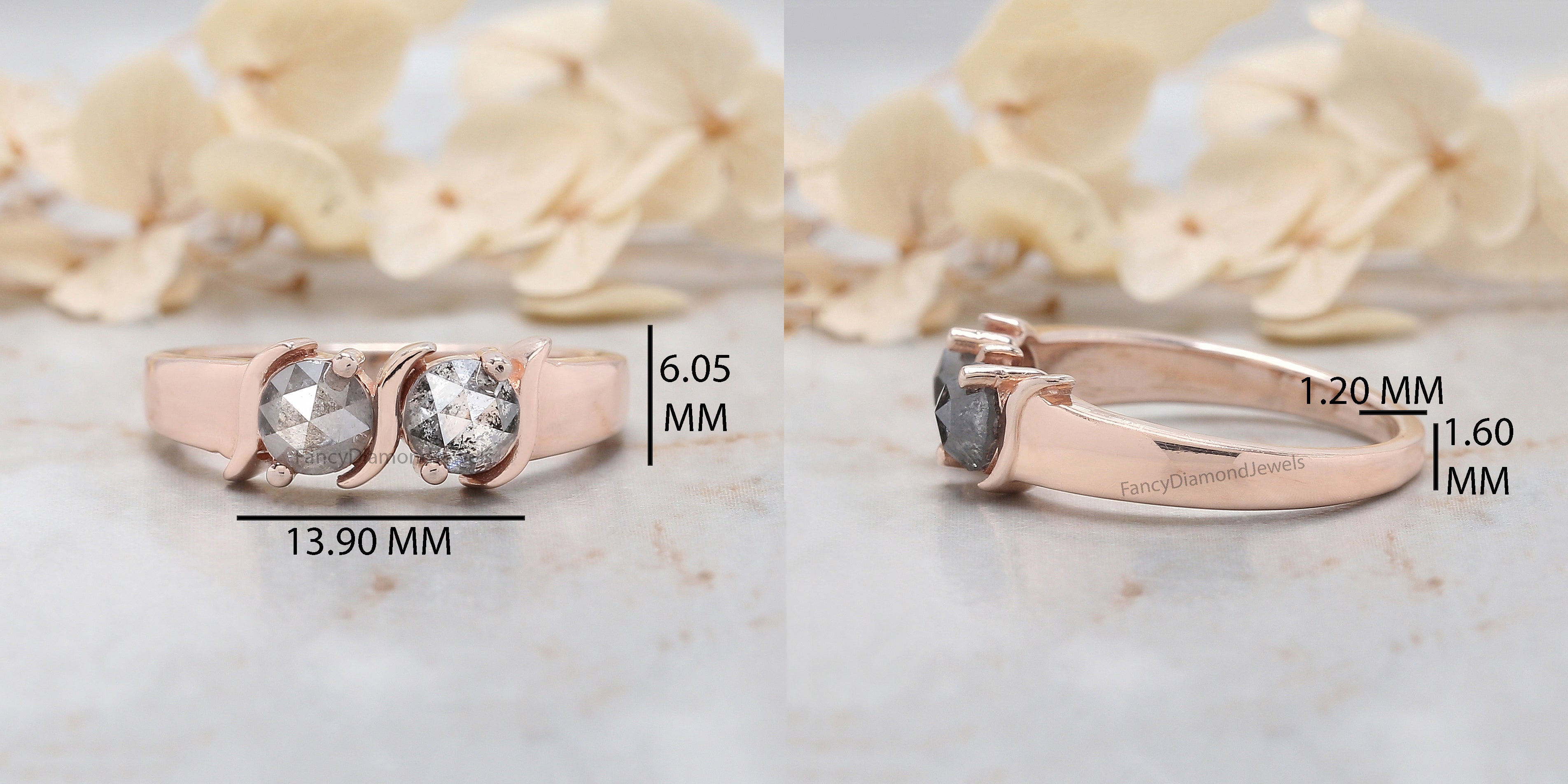 Round Rose Cut Salt And Pepper Diamond Ring 0.95 Ct 4.60 MM Round Diamond Ring 14K Rose Gold Silver Engagement Ring Gift For Her QL1006