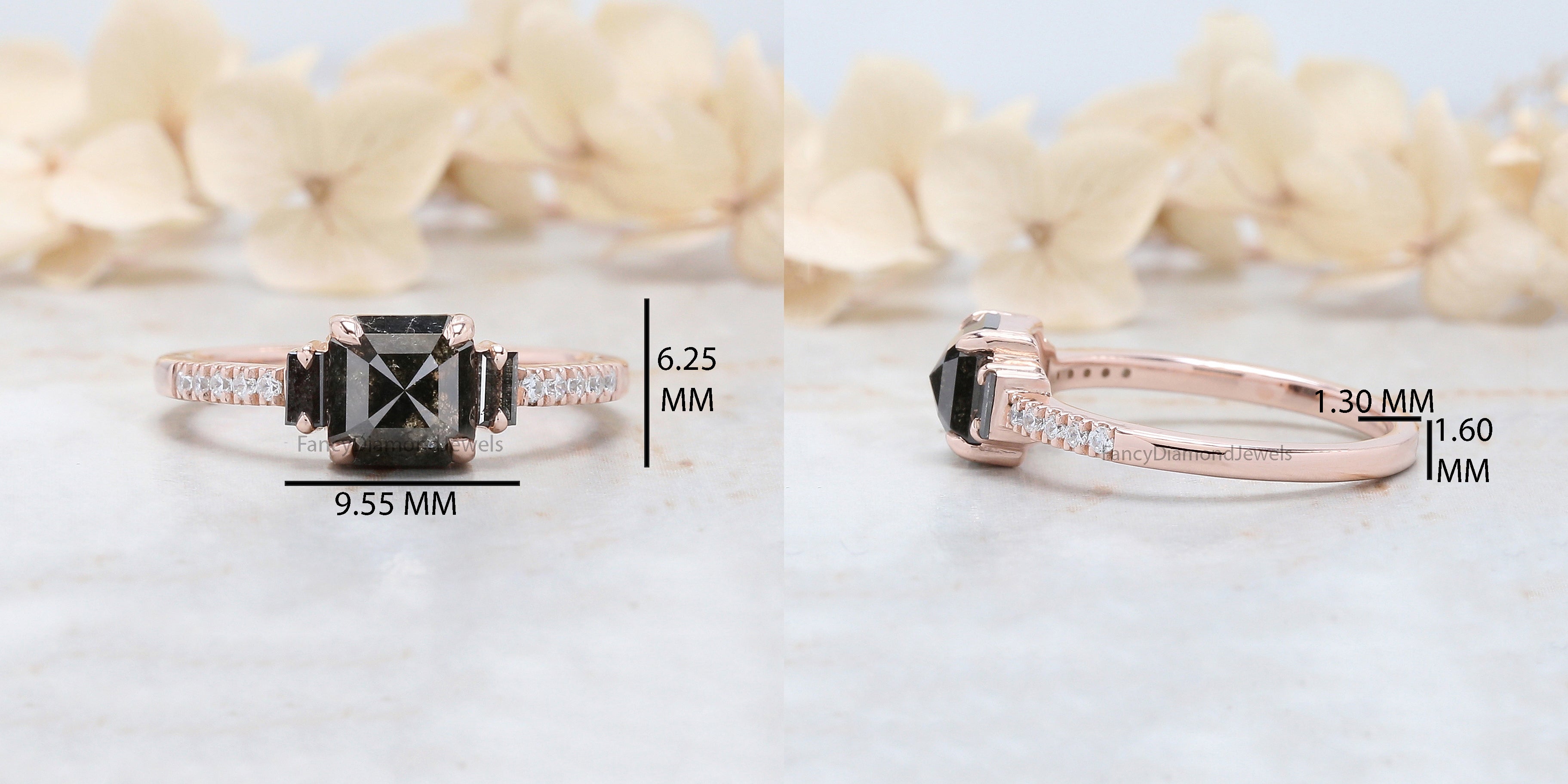 Emerald Cut Salt And Pepper Diamond Ring 1.04 Ct 5.85 MM Emerald Diamond Ring 14K Solid Rose Gold Silver Engagement Ring Gift For Her QK1942