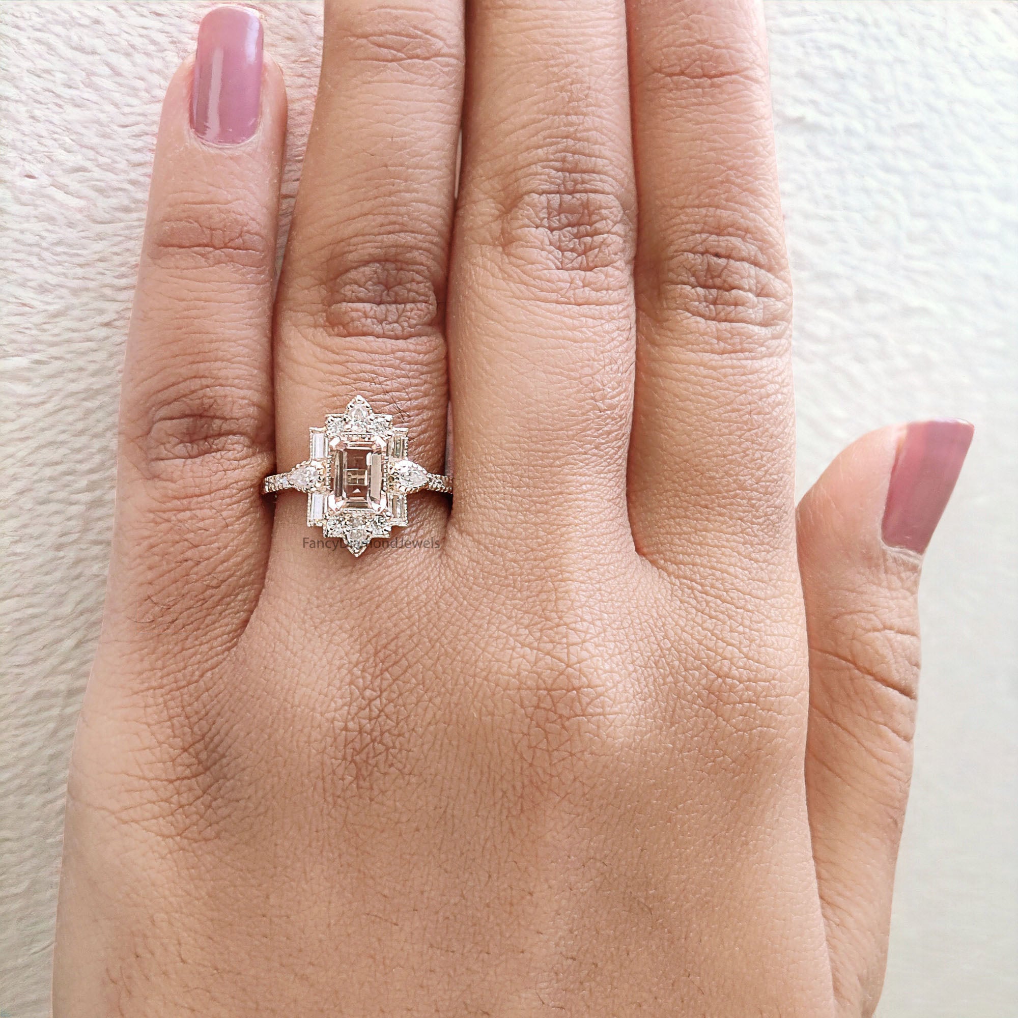 0.85 CT Emerald Cut Vintage Morganite Engagement Ring Baguette wedding ring Unique art deco ring Pear halo ring Starburst ring For Her FD294