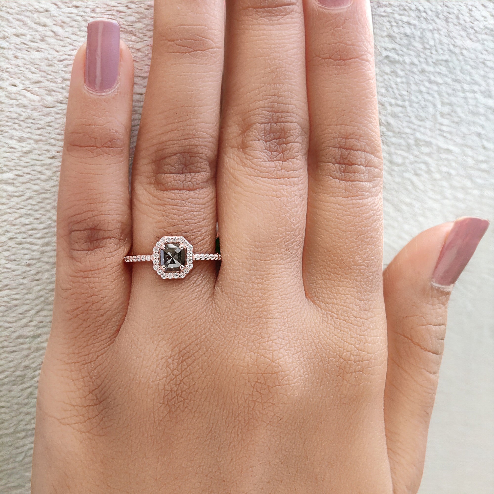 Emerald Cut Salt And Pepper Diamond Ring 0.55 Ct 5.10 MM Emerald Diamond Ring 14K Solid Rose Gold Silver Engagement Ring Gift For Her QN9426