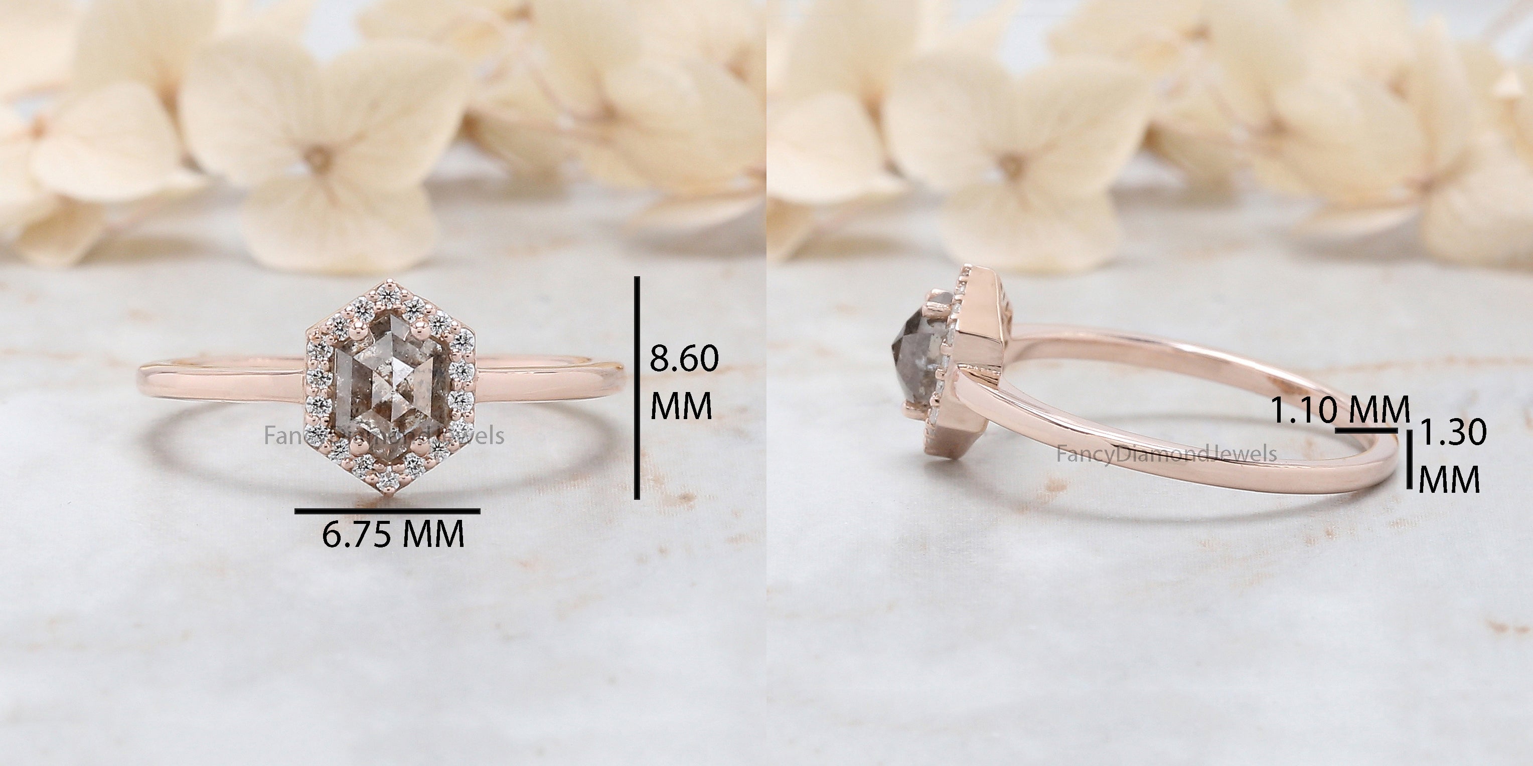 Hexagon Salt And Pepper Diamond Ring 0.63 Ct 5.70 MM Hexagon Cut Diamond Ring 14K Solid Rose Gold Silver Engagement Ring Gift For Her QL9618