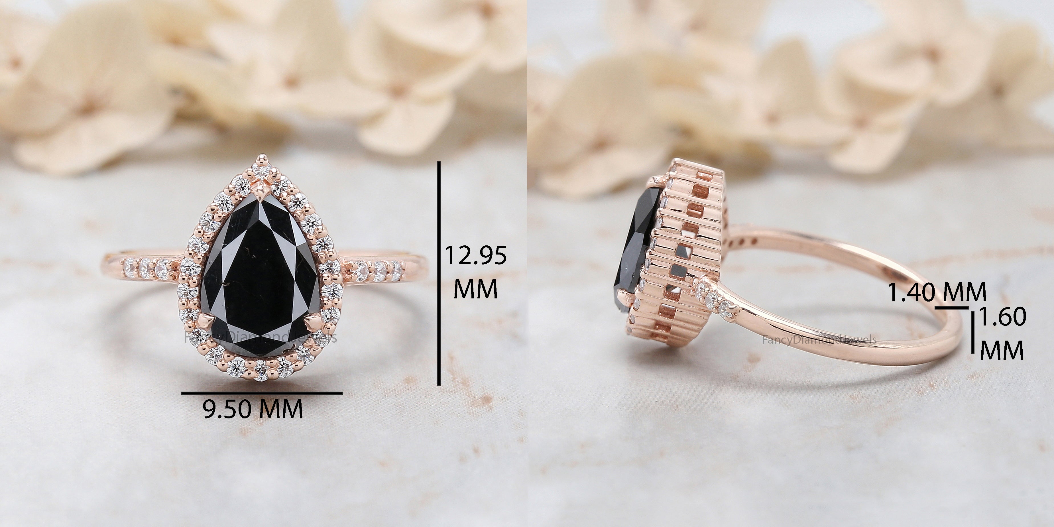Pear Cut Black Color Diamond Ring 1.97 Ct 9.65 MM Pear Shape Diamond Ring 14K Solid Rose Gold Silver Pear Engagement Ring Gift For Her QN1542
