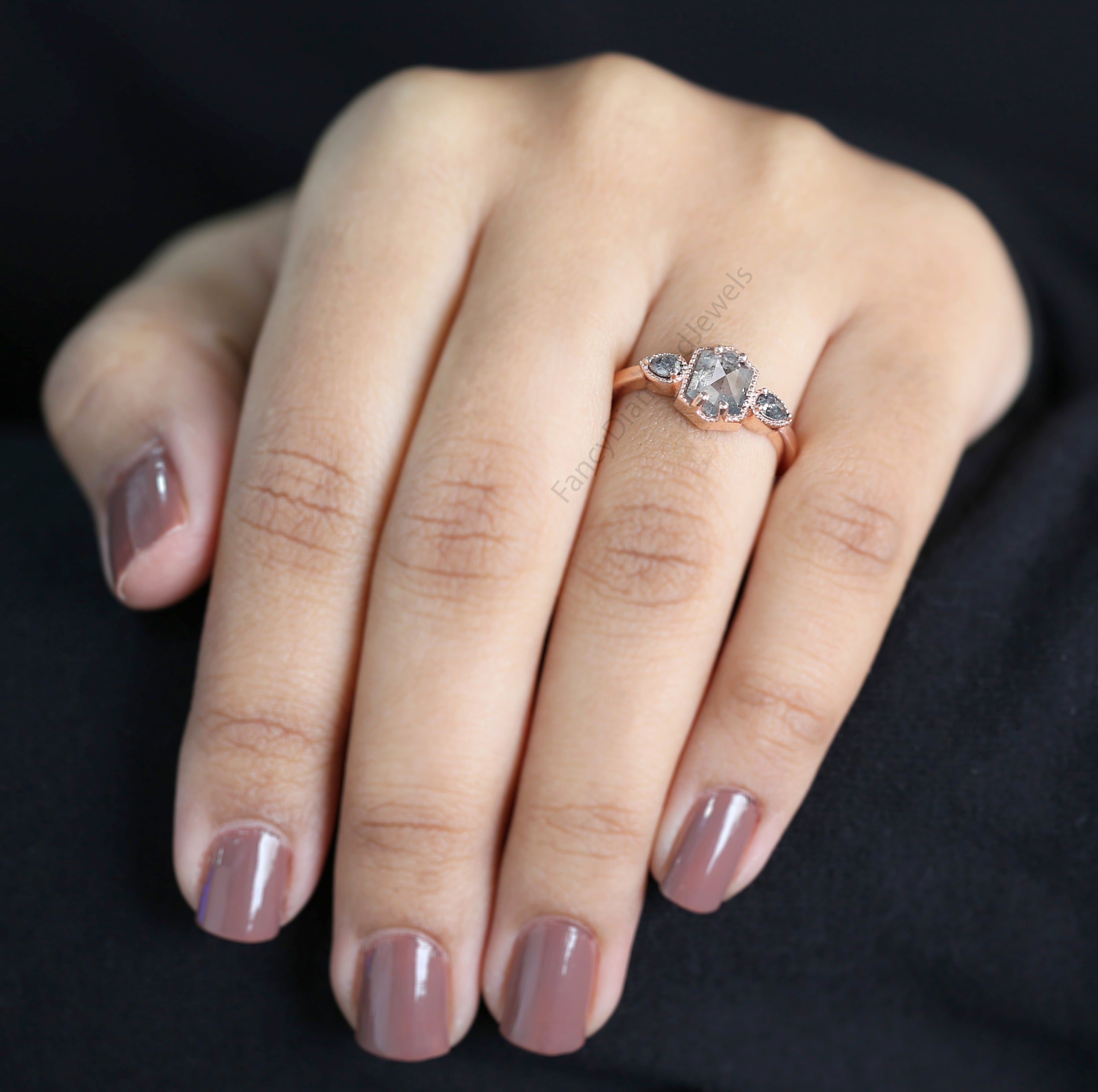 Hexagon Cut Salt And Pepper Diamond Ring 1.19 Ct 7.50 MM Hexagon Cut Diamond Ring 14K Rose Gold Silver Engagement Ring Gift For Her QL1102