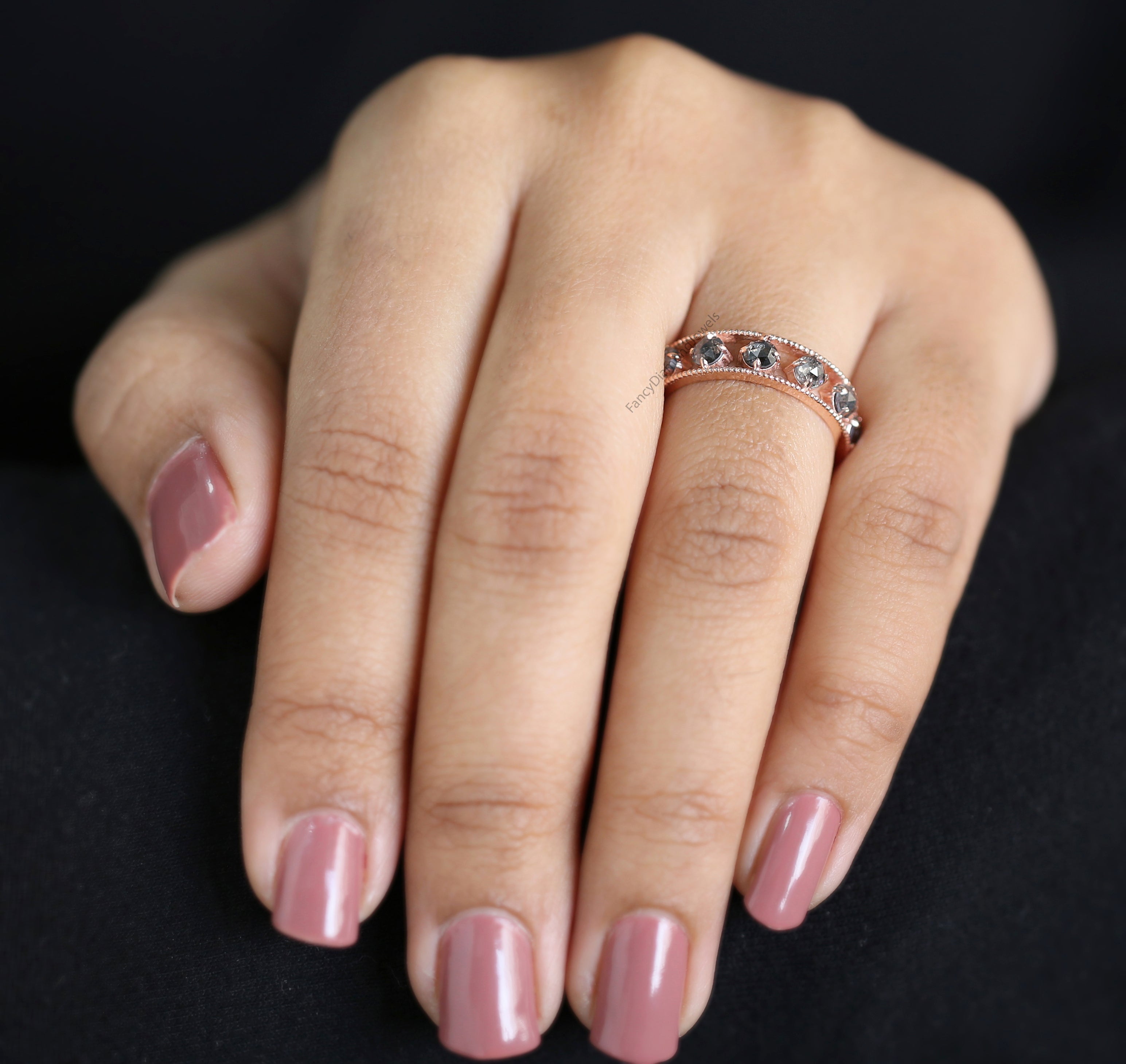 Round Rose Cut Salt And Pepper Diamond Ring, Salt And Pepper Rose Cut Diamond Engagement Ring, Rose Cut Diamond Ring, Round Cut Ring KDL6216