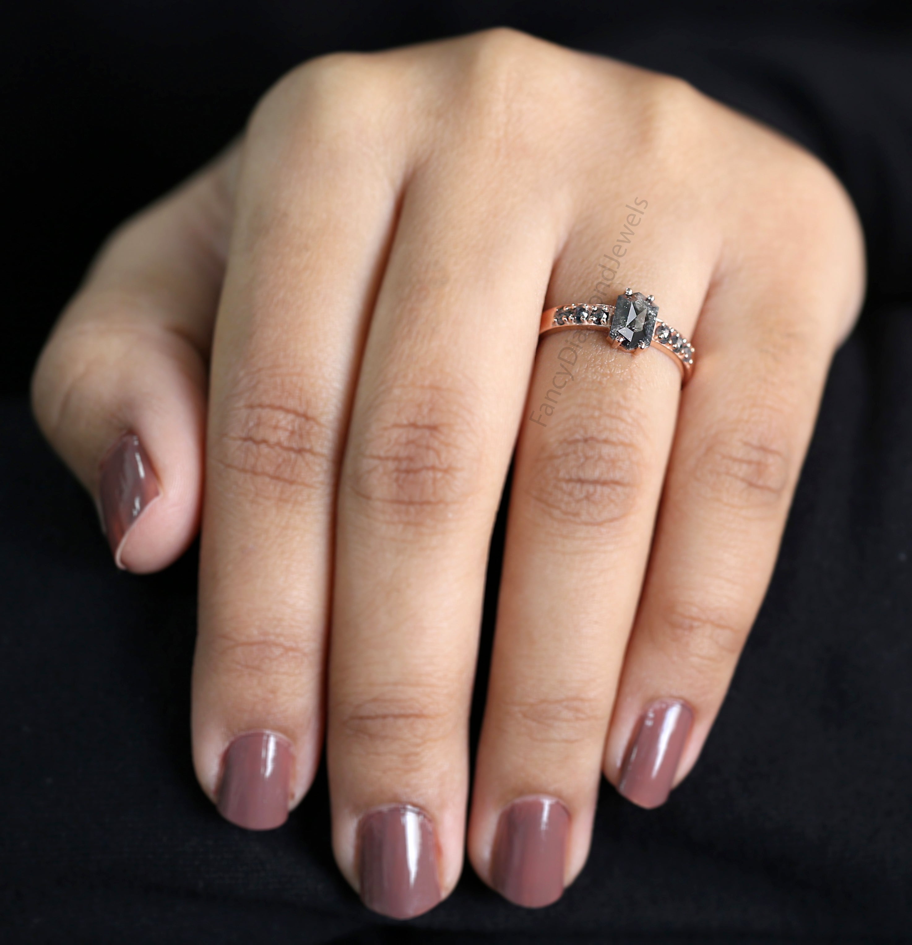 0.87 Ct Natural Hexagon Cut Salt And Pepper Diamond Ring 7.05 MM Hexagon Cut Diamond Ring 14K Solid Rose Gold Silver Engagement Ring QN1370