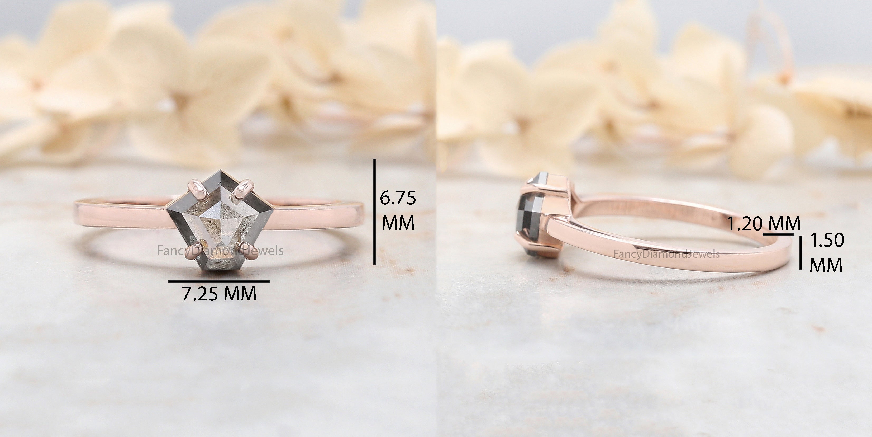 Pentagon Cut Salt And Pepper Diamond Ring 0.92 Ct 6.60 MM Pentagon Diamond Ring 14K Rose Gold Silver Engagement Ring Gift For Her QL438