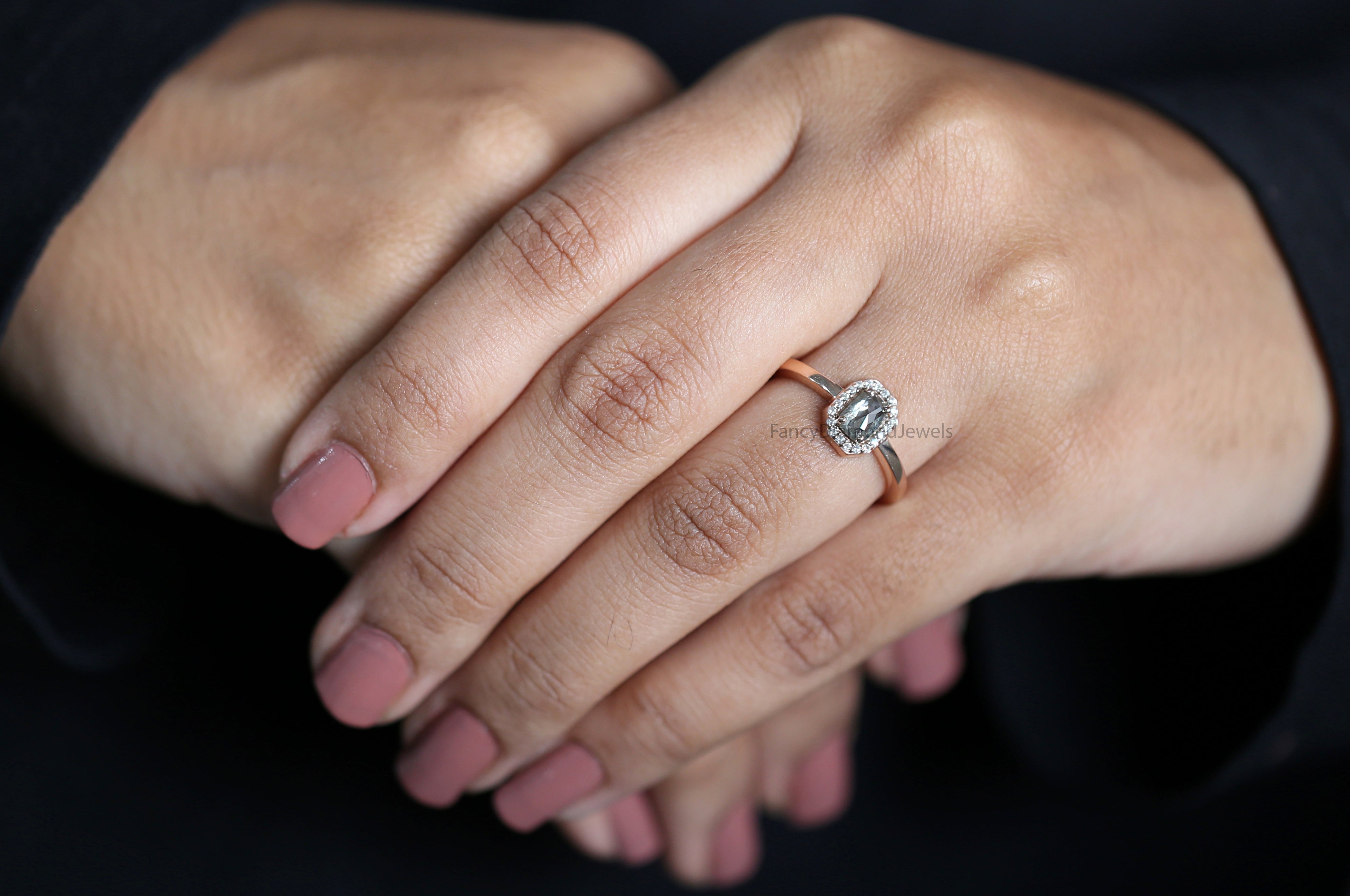 Emerald salt and pepper Diamond Ring, Salt and pepper Emerald Diamond Engagement Ring, Emerald Diamond Ring, Emerald Halo Ring, KD1099
