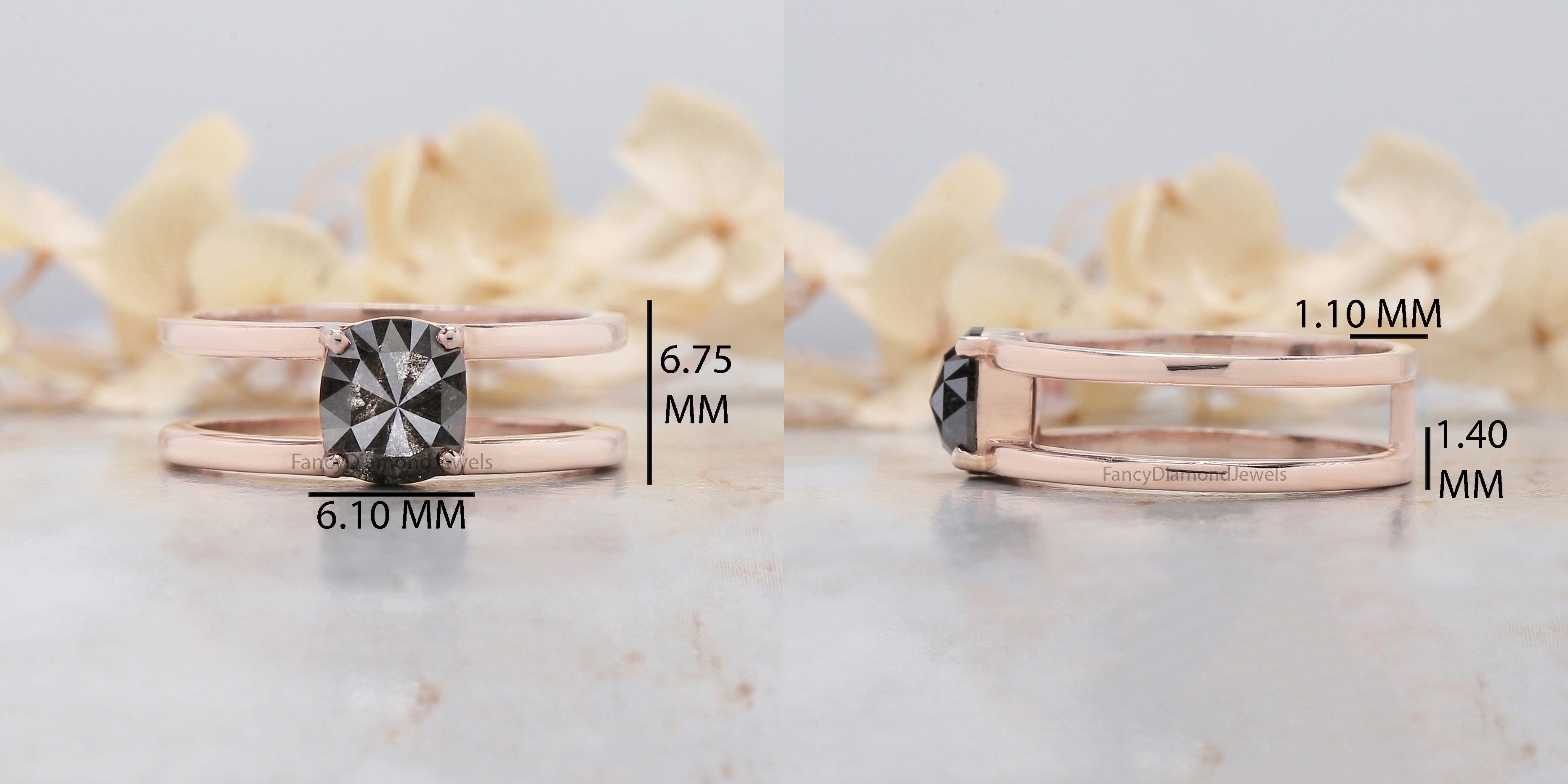 Cushion Cut Salt And Pepper Diamond Ring 0.83 Ct 6.70 MM Cushion Diamond Ring 14K Solid Rose Gold Silver Engagement Ring Gift For Her QN7236