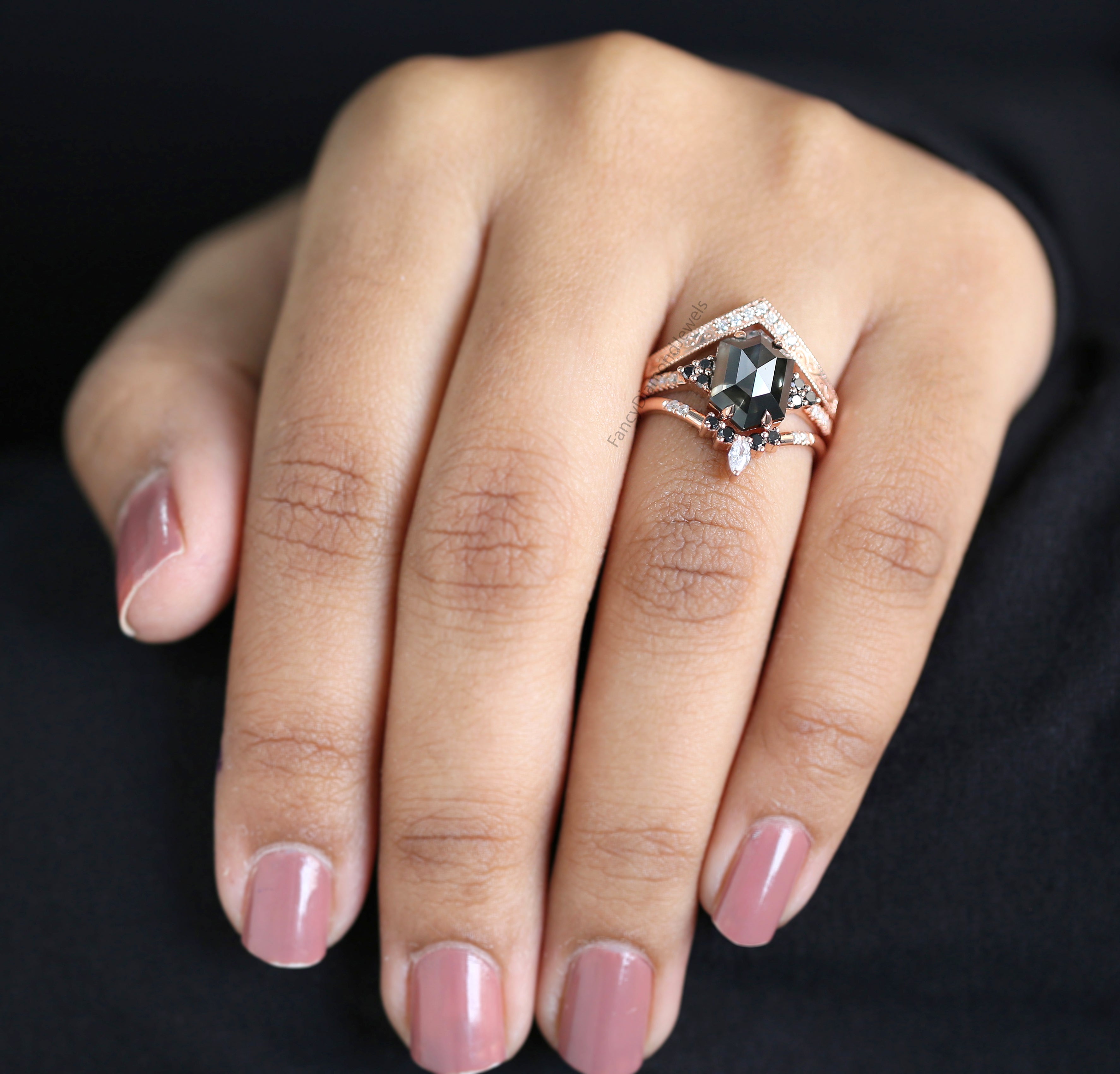 Hexagon Black Diamond Ring, Black Hexagon Shape Diamond Engagement Ring, Hexagon Cut Diamond Ring, Hexagon Diamond Bridal Ring Set, KDL9635