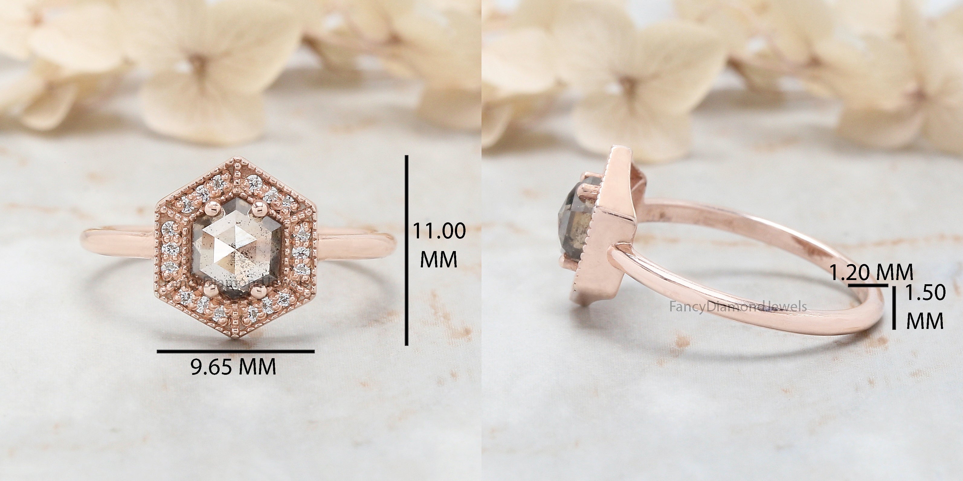 Hexagon Cut Salt And Pepper Diamond Ring 0.77 Ct 5.94 MM Hexagon Diamond Ring 14K Solid Rose Gold Silver Engagement Ring Gift For Her QL9543