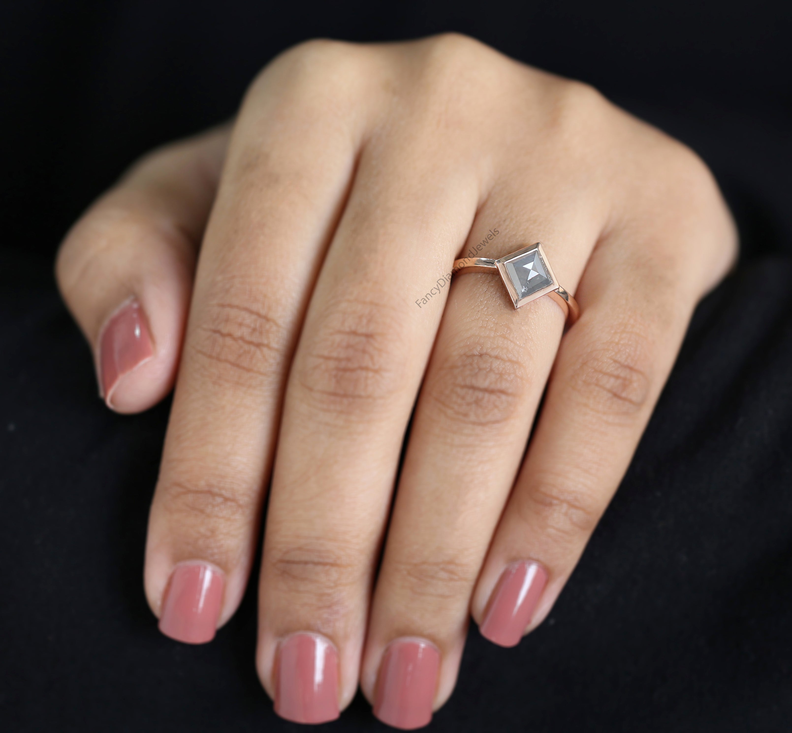 Kite Cut Salt And Pepper Diamond Ring 1.00 Ct 9.10 MM Kite Diamond Ring 14K Solid Rose Gold Silver Kite Engagement Ring Gift For Her QL7955