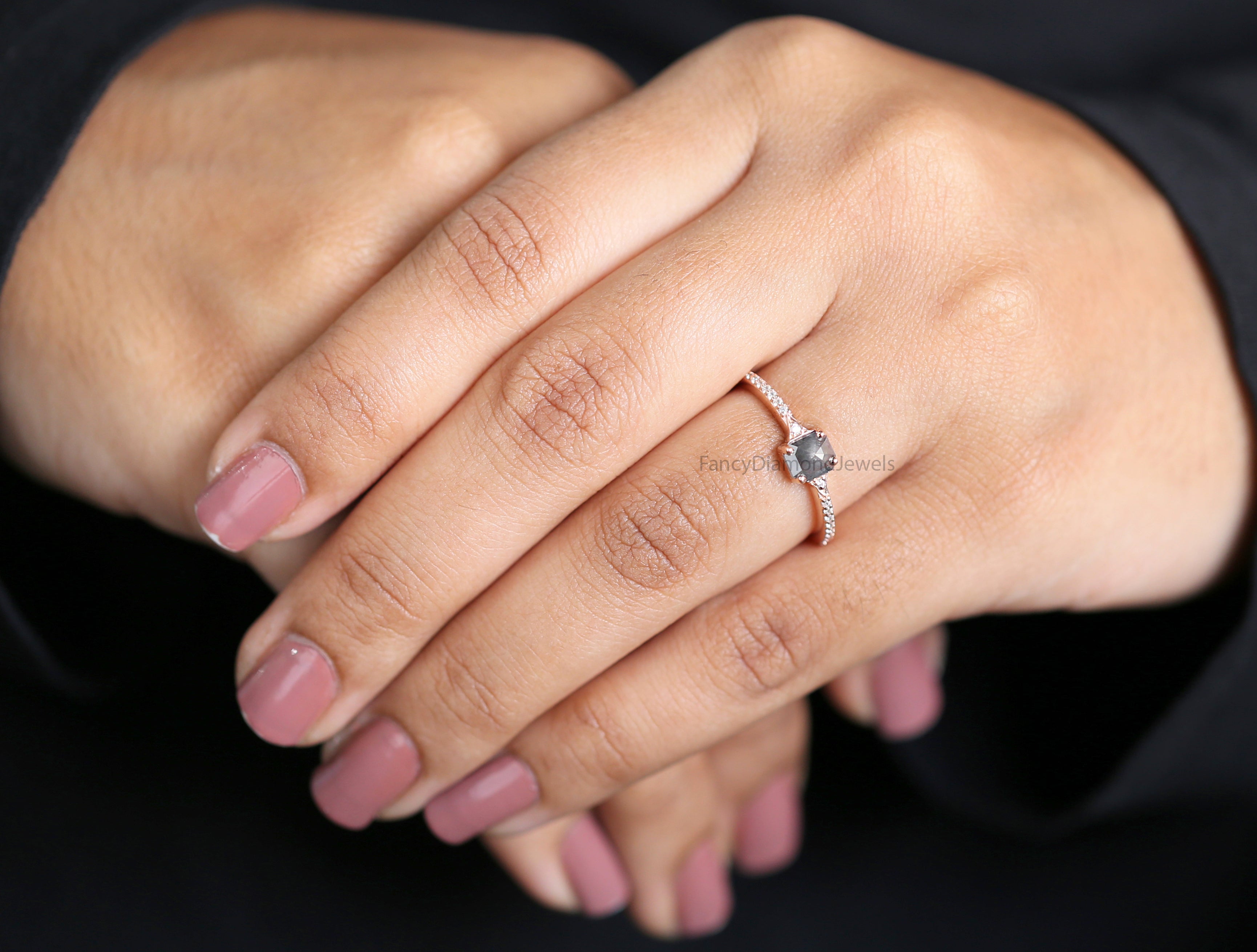 Emerald salt and pepper Diamond Ring, Salt and pepper Emerald Diamond Engagement Ring, Emerald Diamond Ring, Emerald Shape Ring, KD1102
