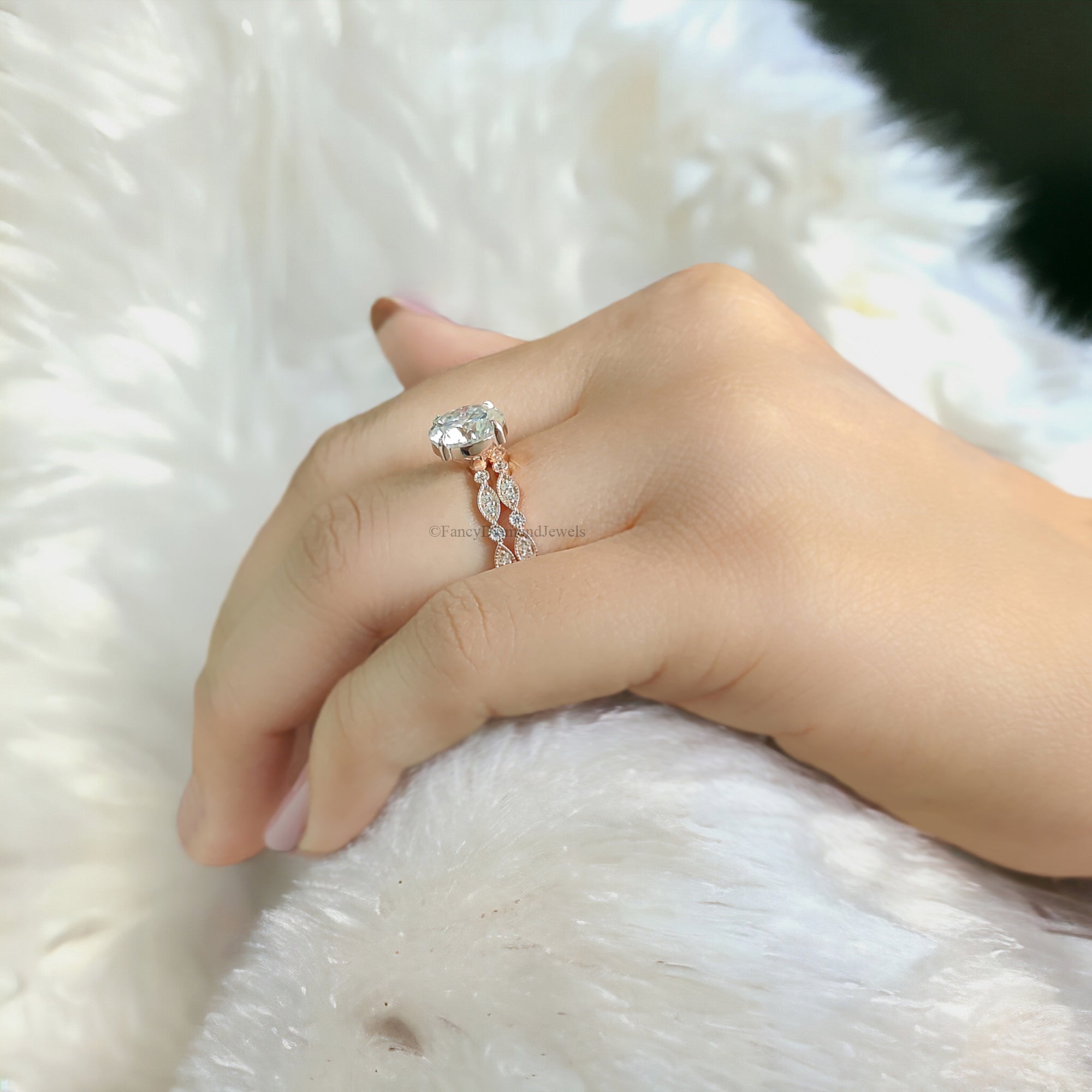 Wedding Ring Set Moissanite Rose Gold Engagement Ring Round 8.00 MM Moissanite Ring Diamond Milgrain Band Solitaire Ring Promise Ring FD130