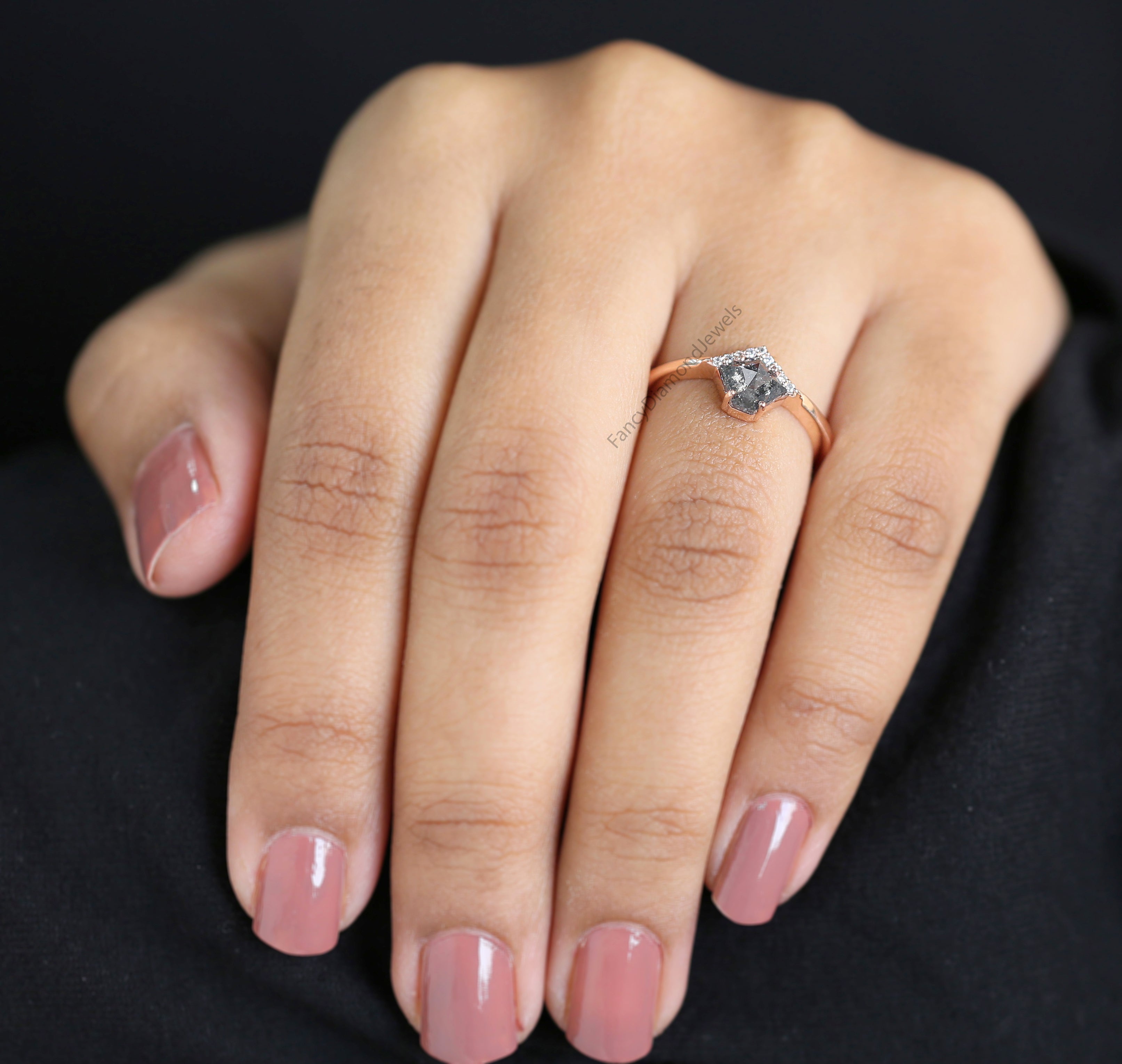 Pentagon Cut Salt And Pepper Diamond Ring 0.75 Ct 6.30 MM Pentagon Diamond Ring 14K Rose Gold Silver Engagement Ring Gift For Her QL9971